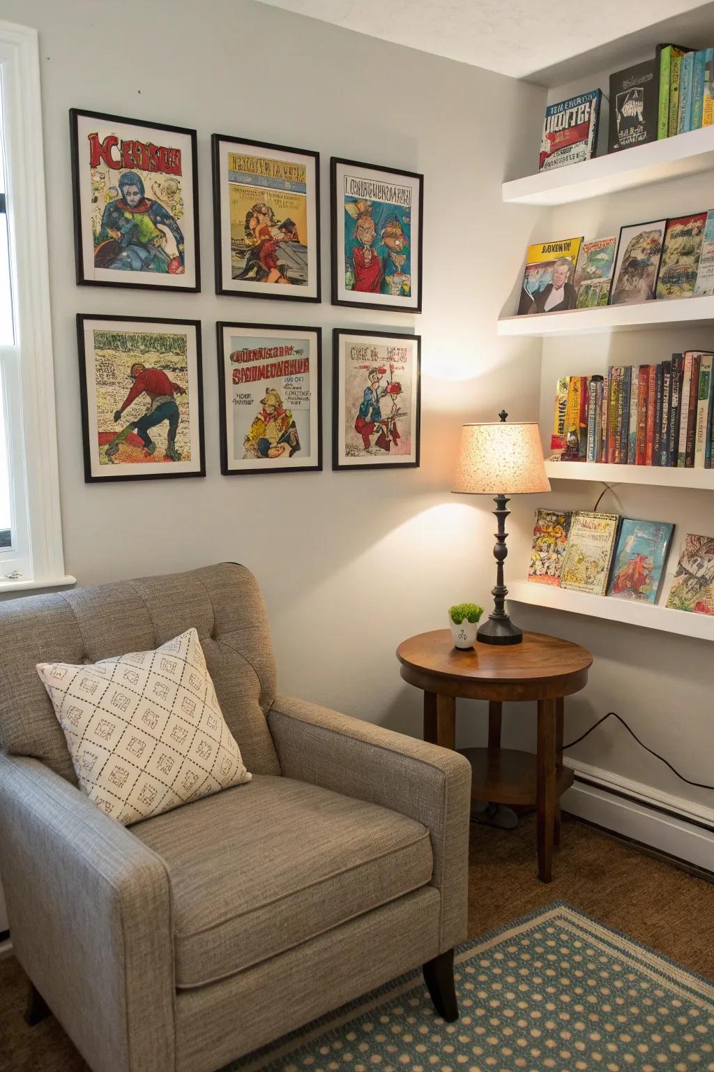 A reading corner featuring framed comic books for a whimsical vibe.