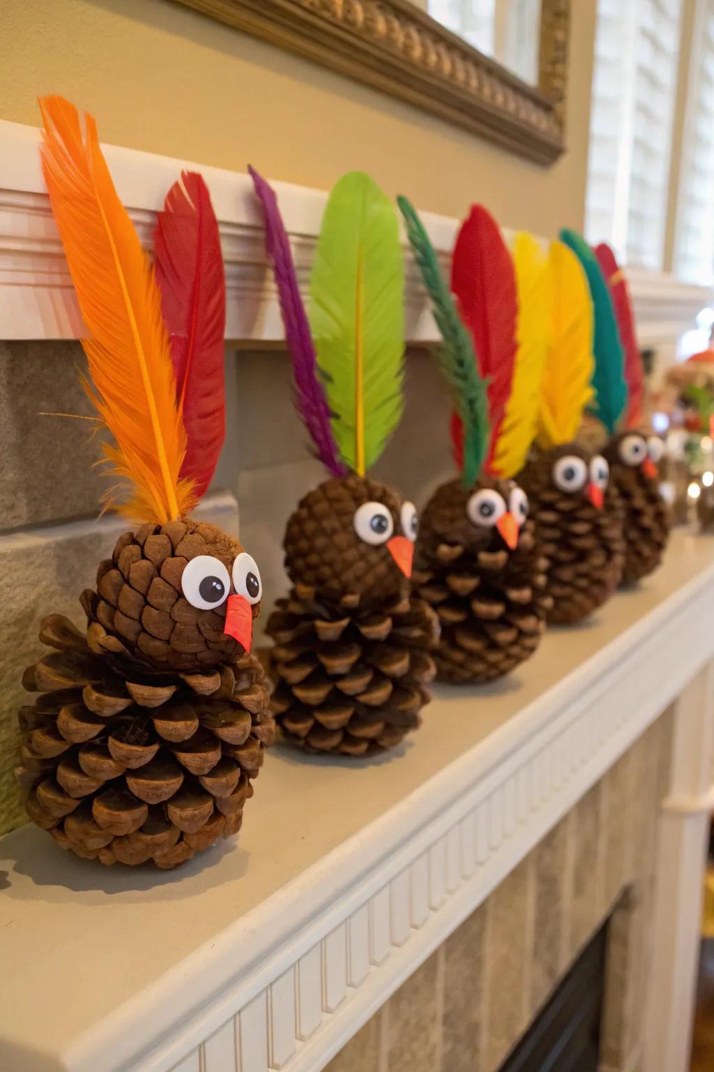 Craft fun and festive feather pine cone turkeys.