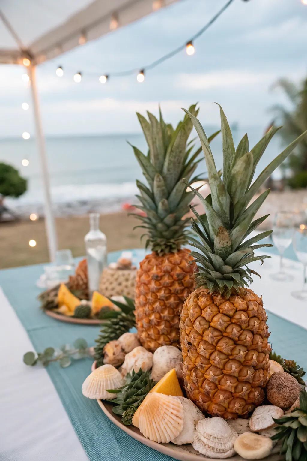 A pineapple and seashell display brings a beach-inspired vibe to your decor.