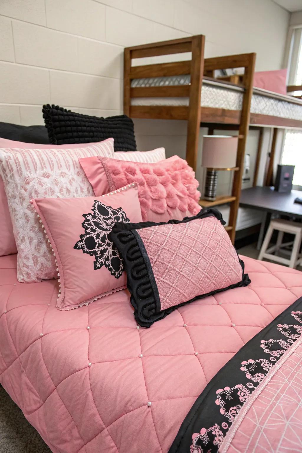 Colorful and textural pink and black decorative pillows.