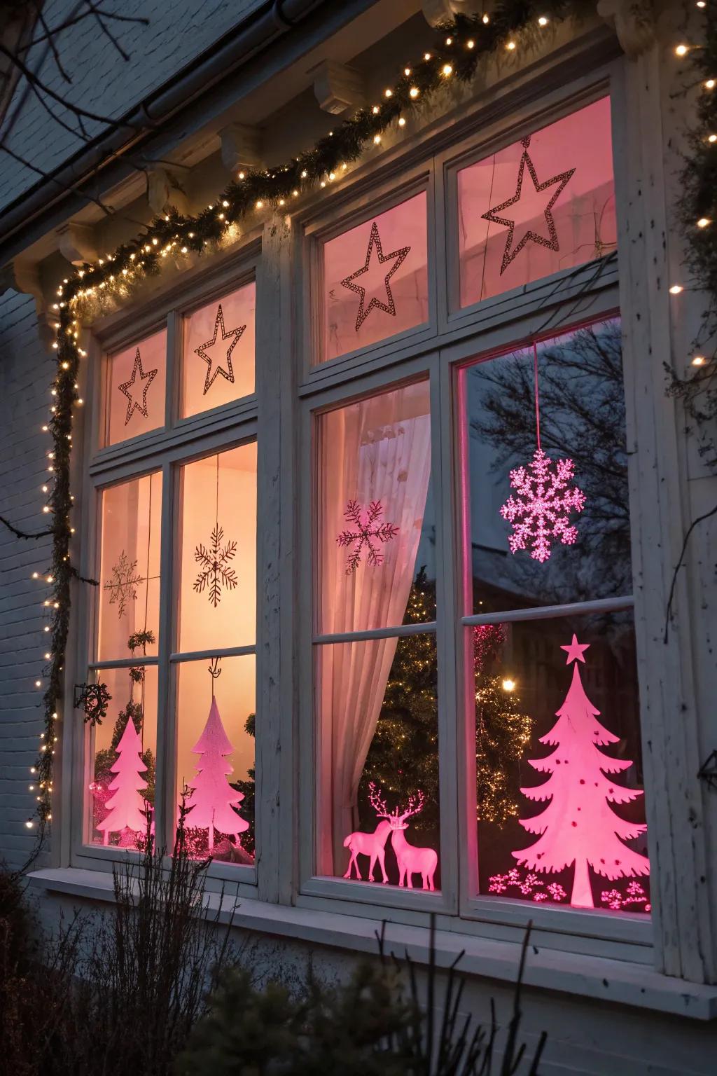 Pink silhouette lights add a festive glow to your windows.