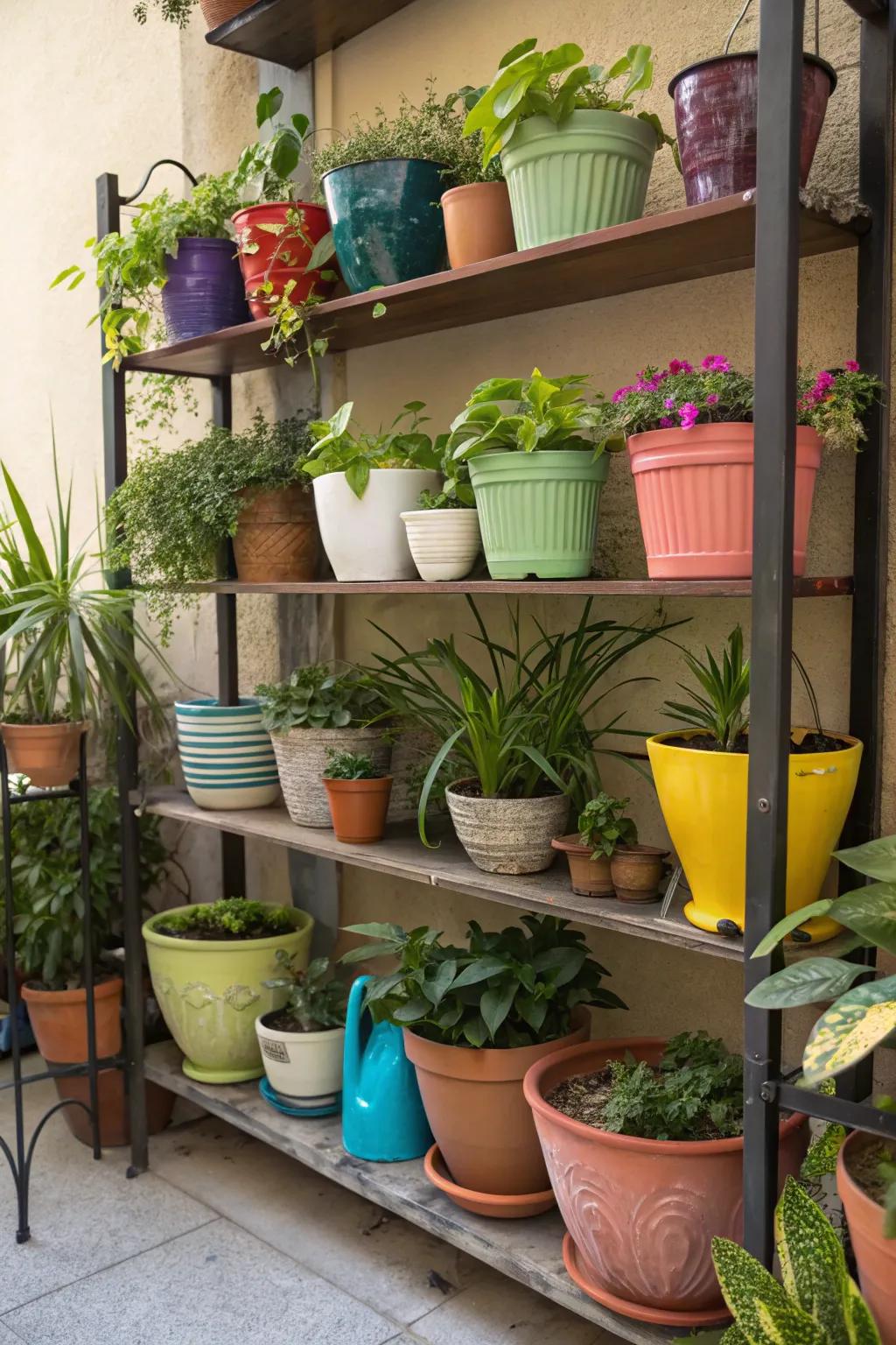 An eclectic mix of pot styles adds personality to the plant shelf.