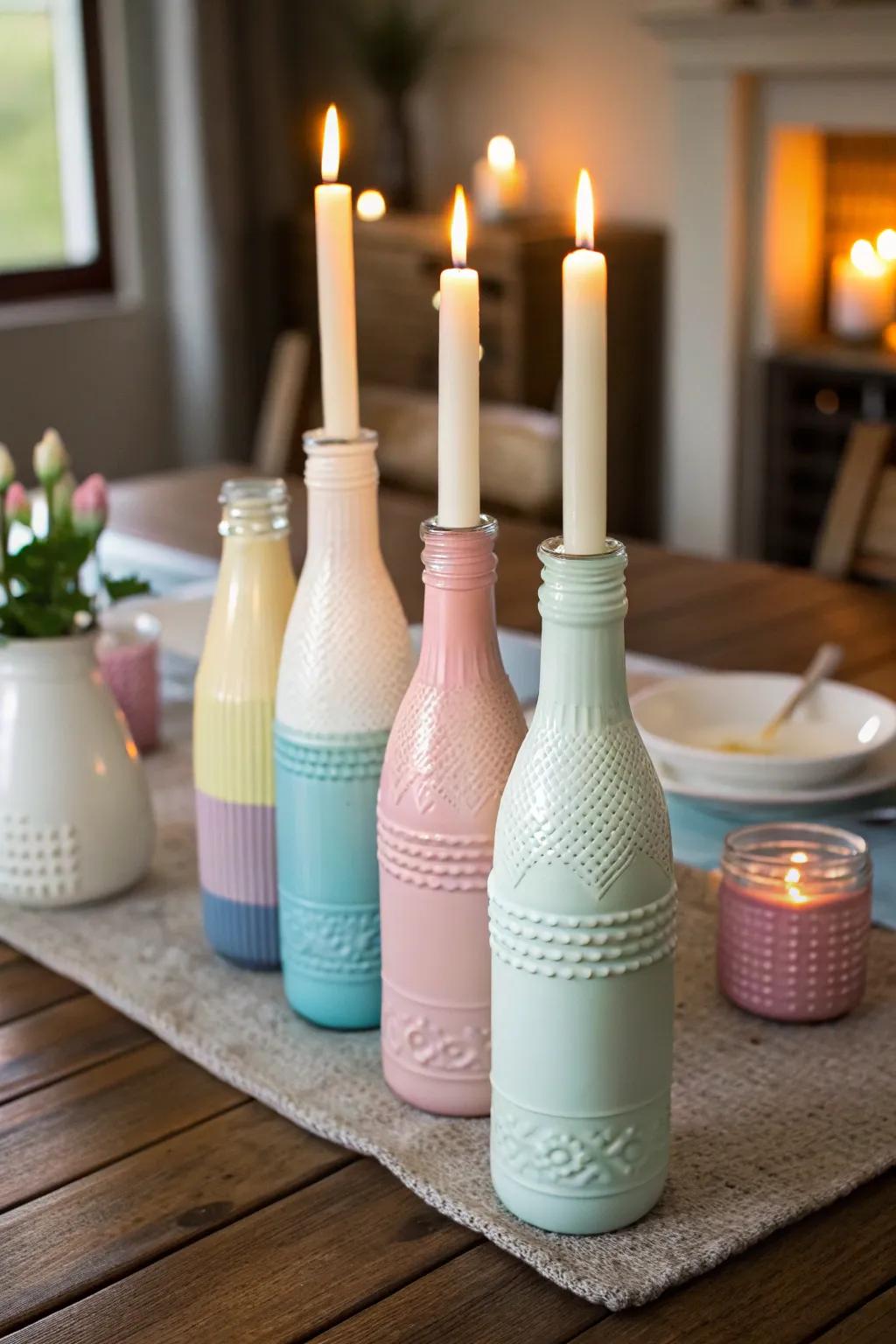 Create a cozy ambiance with candle holders crafted from milk bottles.