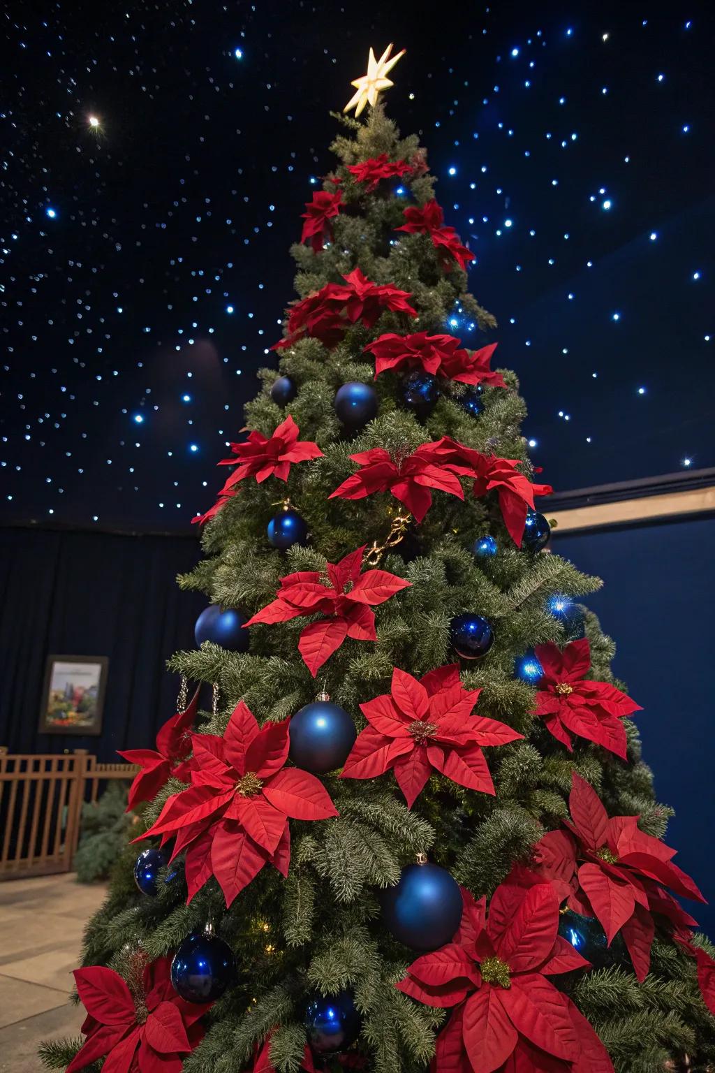 Create a magical midnight scene with deep blues and poinsettias.