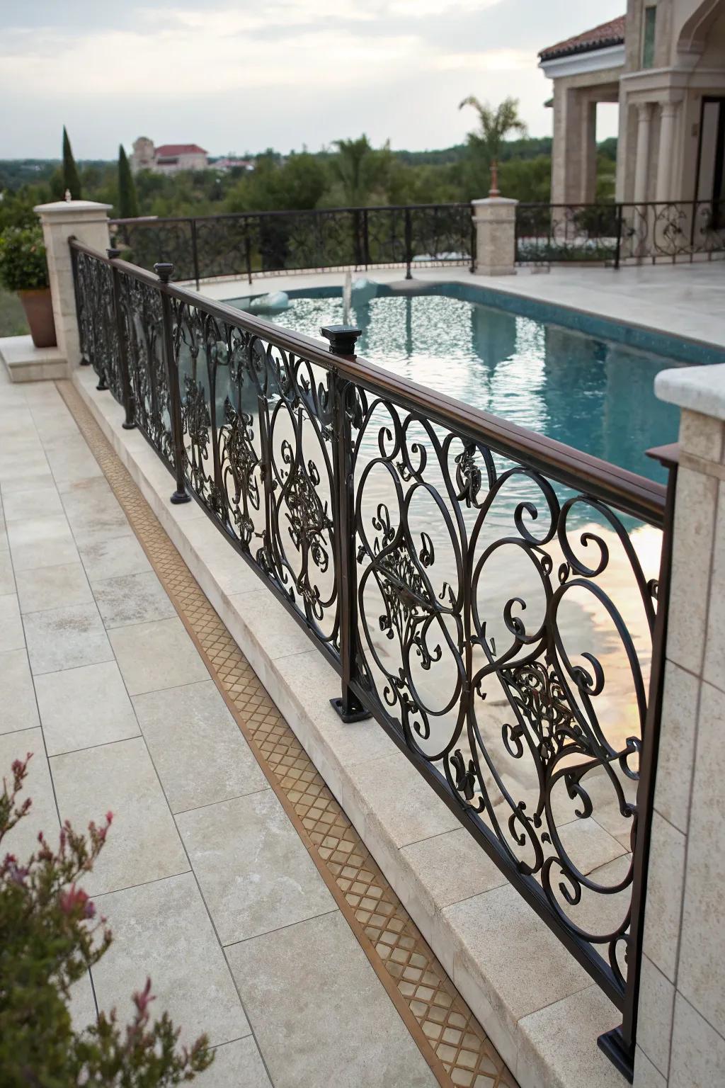 Wrought iron railings add elegance and tradition to your pool deck.