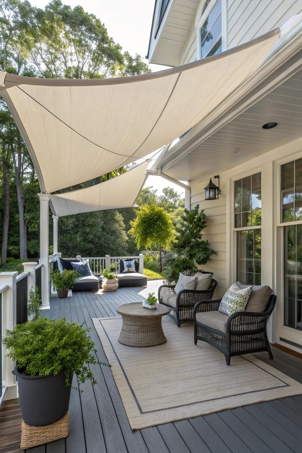 Sail shades add a modern, adventurous touch to your porch.