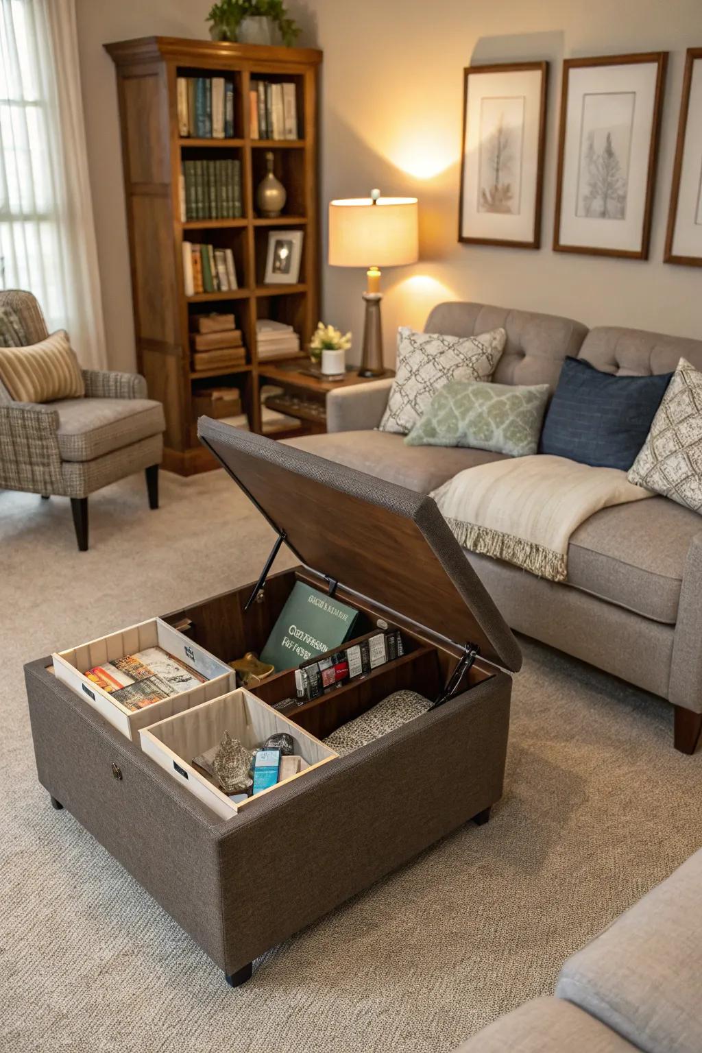 Convertible furniture offers hidden storage solutions.