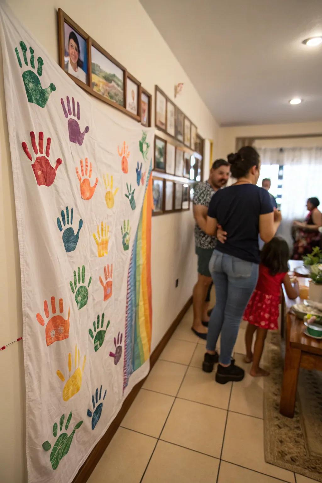 Rainbow handprints capturing joyful memories in a family space.