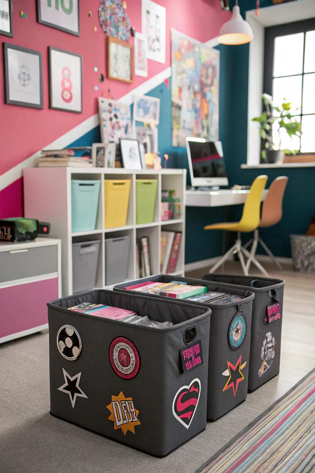 Organize with flair using patch-adorned storage bins.