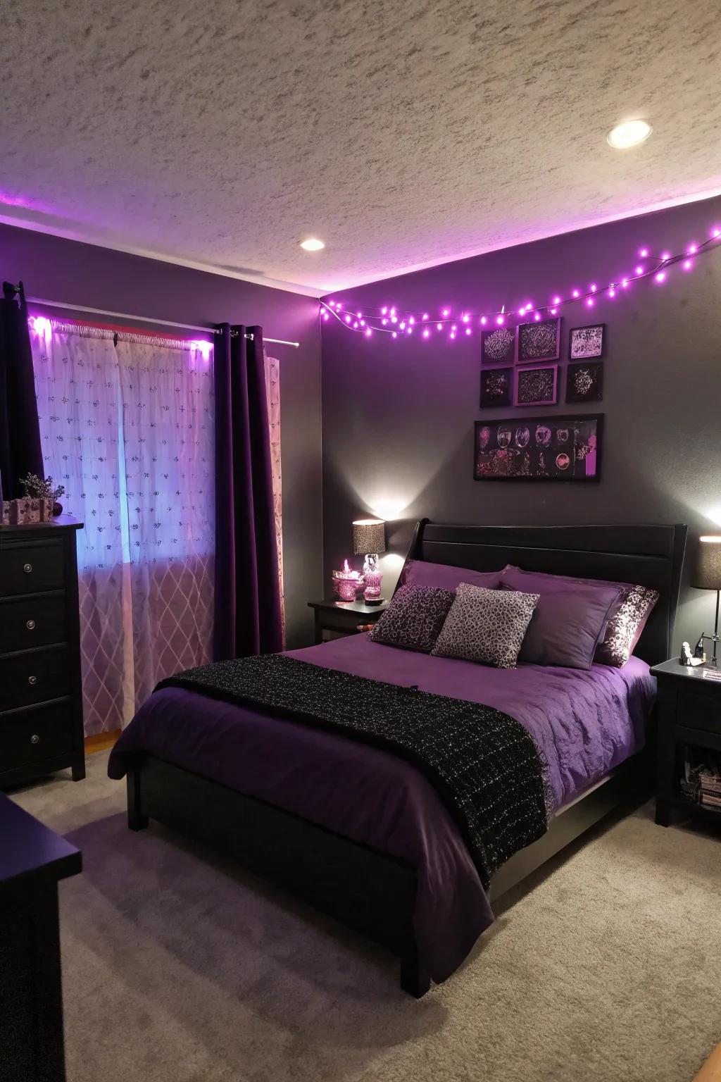 Layered lighting enhances the mood and functionality of the bedroom.