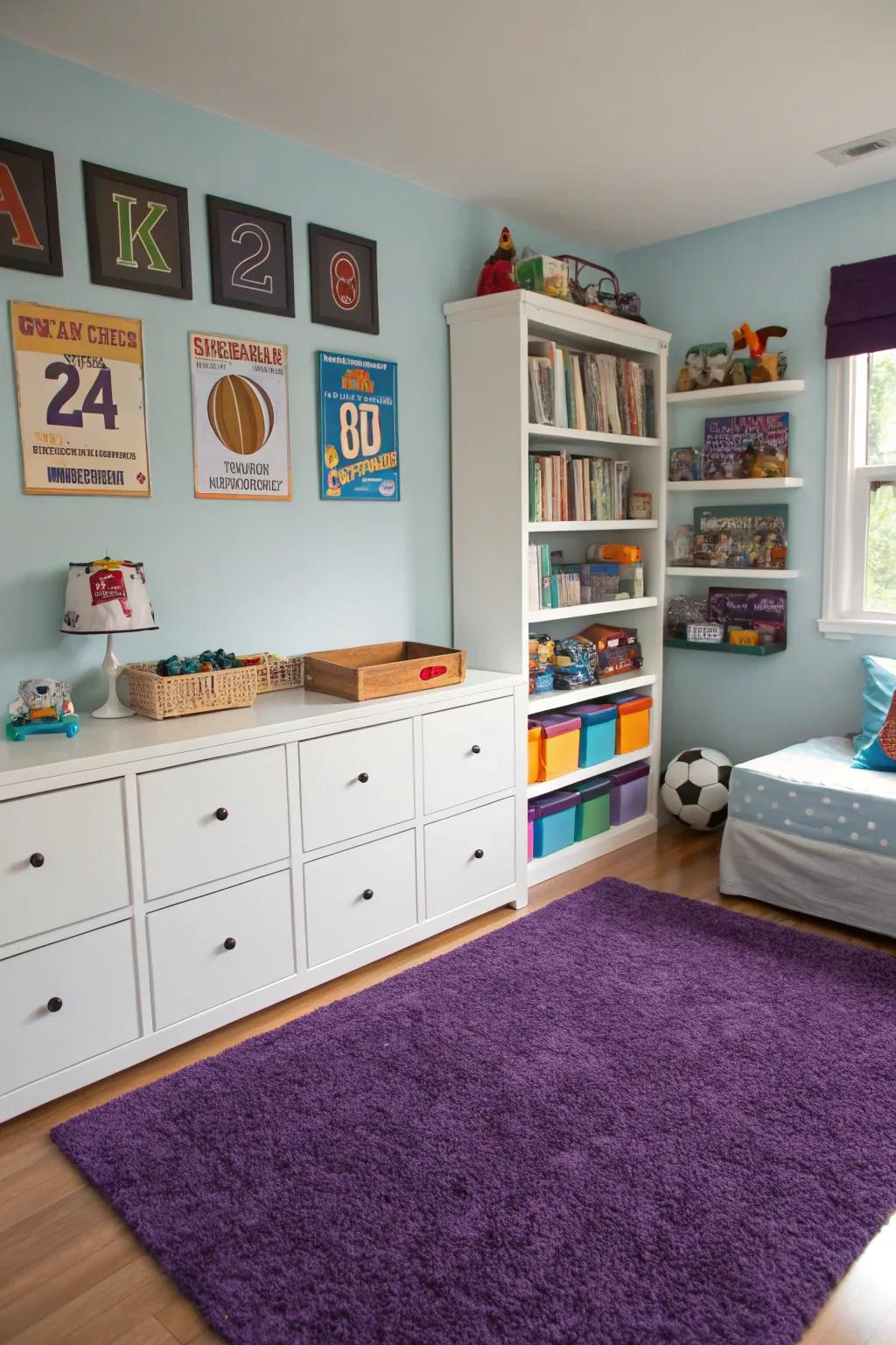 A purple rug serves as a playful foundation.