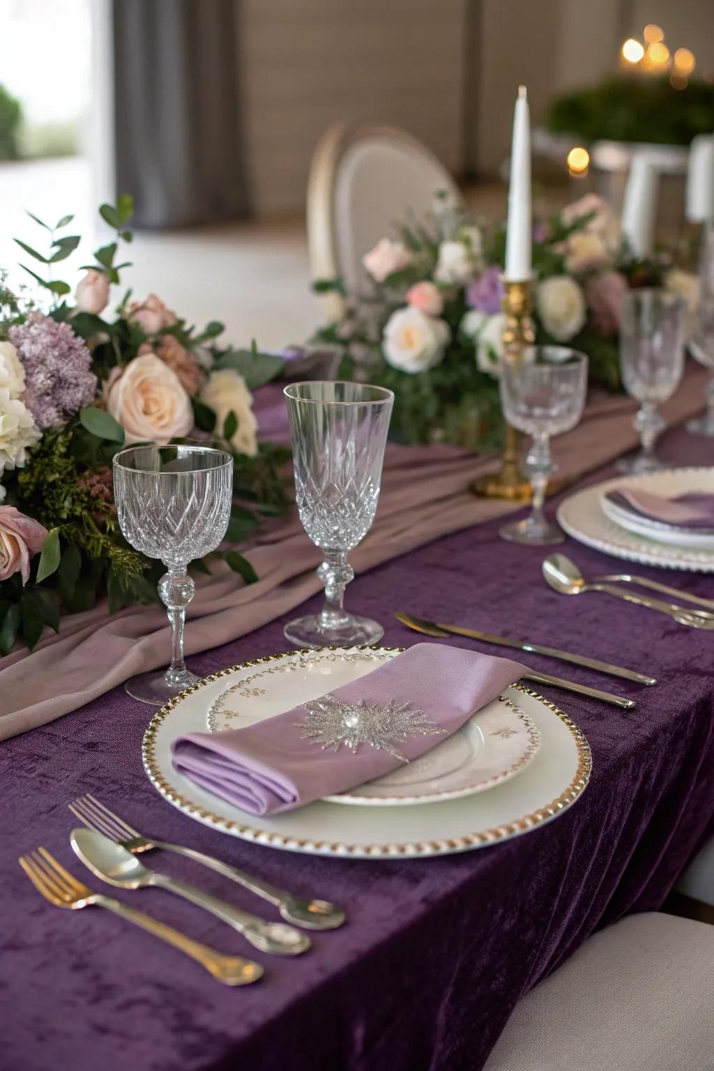 Rich textures with a purple velvet table runner.