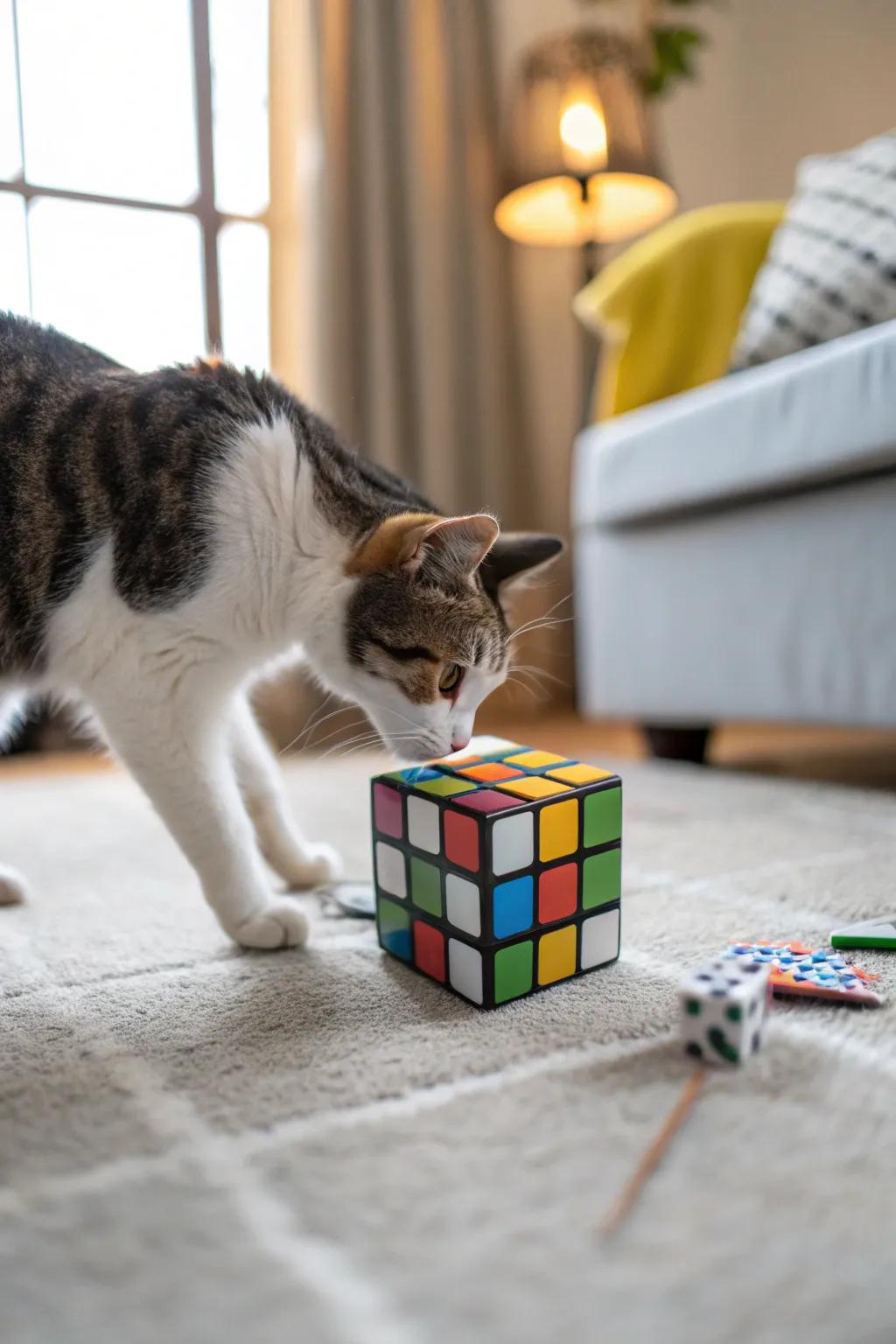 A puzzle cube pet toy provides endless entertainment for this playful cat.