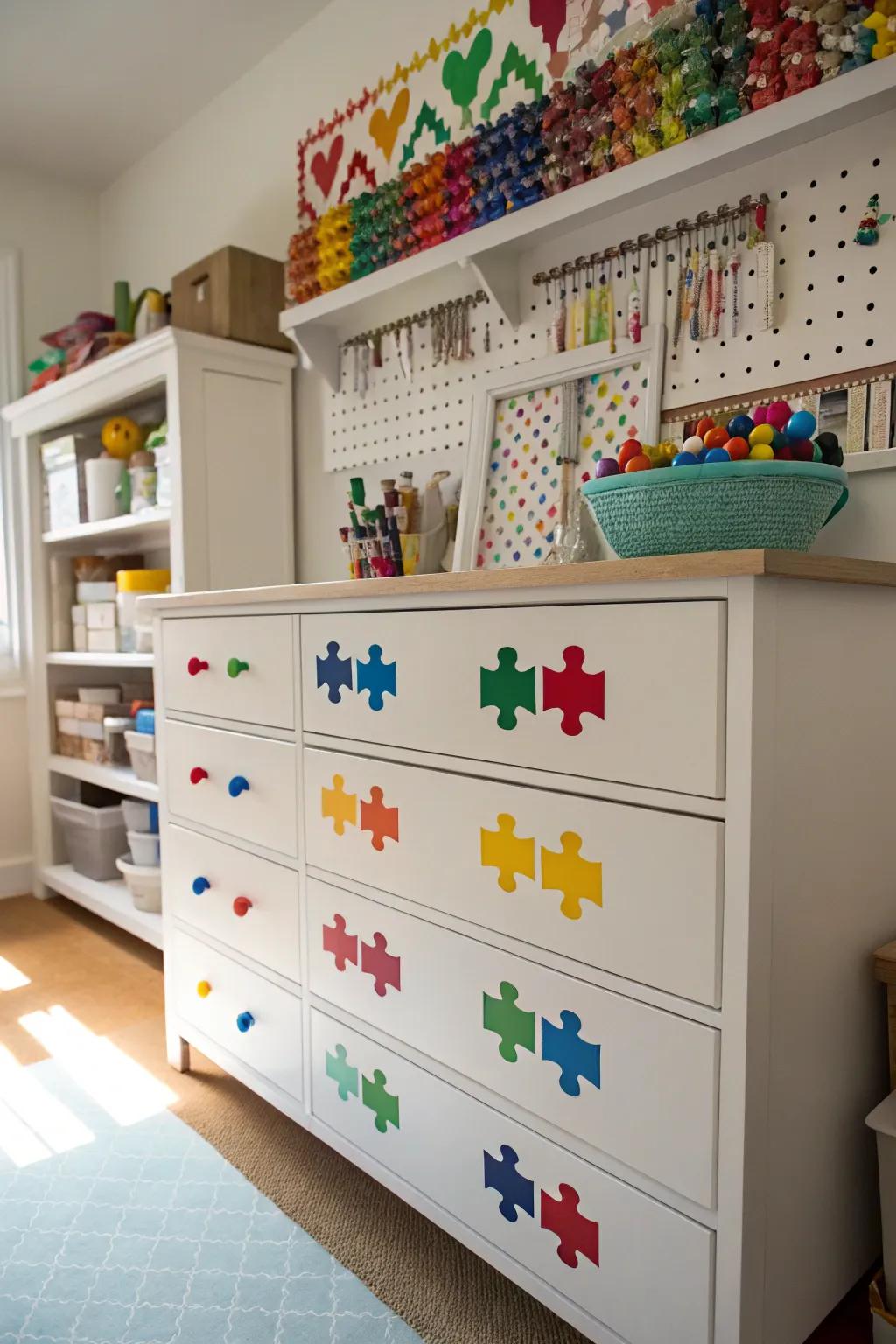 Add a playful touch with puzzle piece drawer knobs.