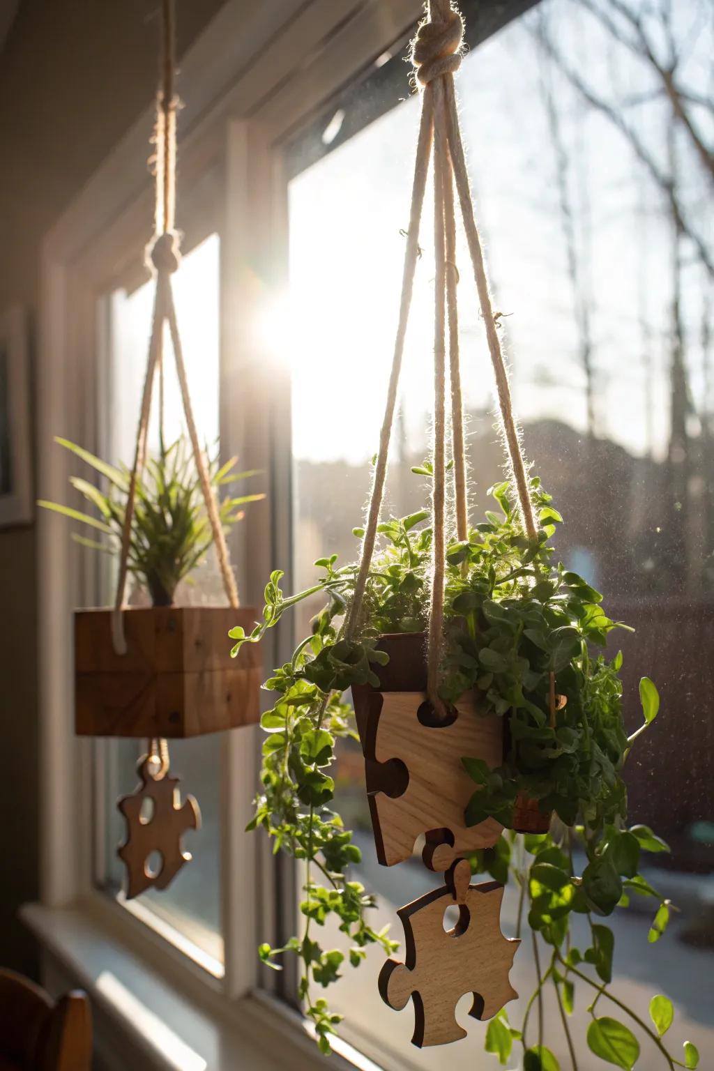 Puzzle piece plant hangers creatively display your favorite greenery.