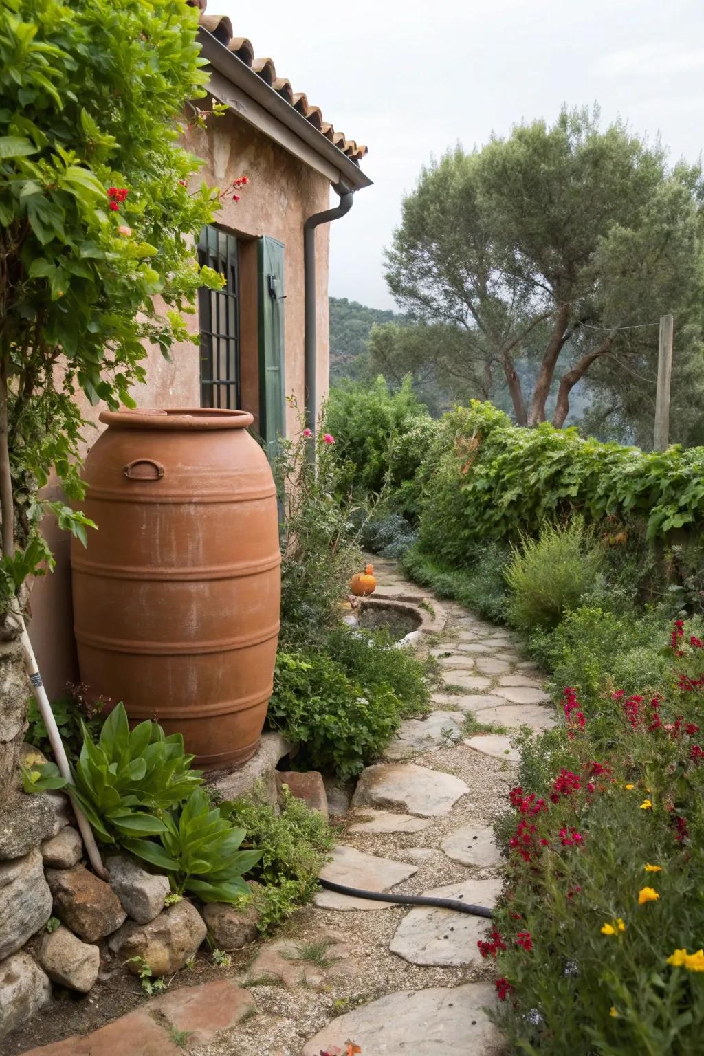 Terracotta pot covers add a classic touch while hiding your rain barrel.