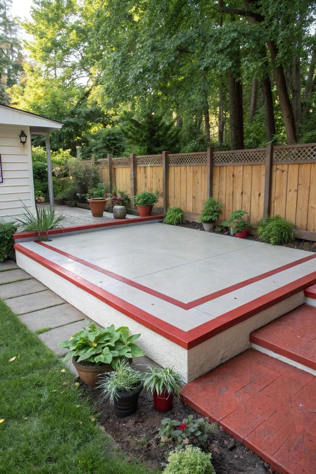 Bold borders add definition and style to this raised concrete patio.