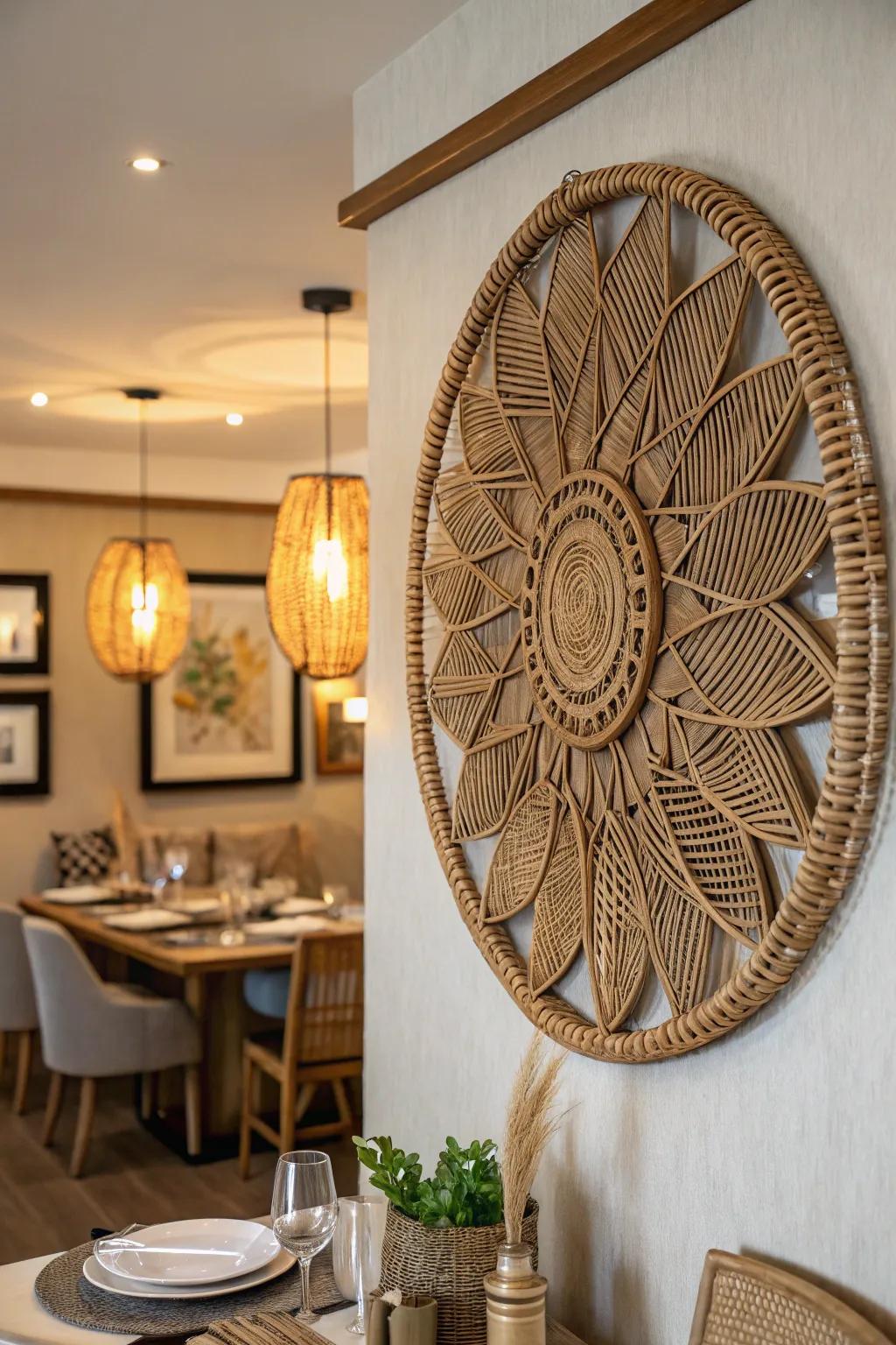 A rattan wall sculpture adds rustic charm to any room.