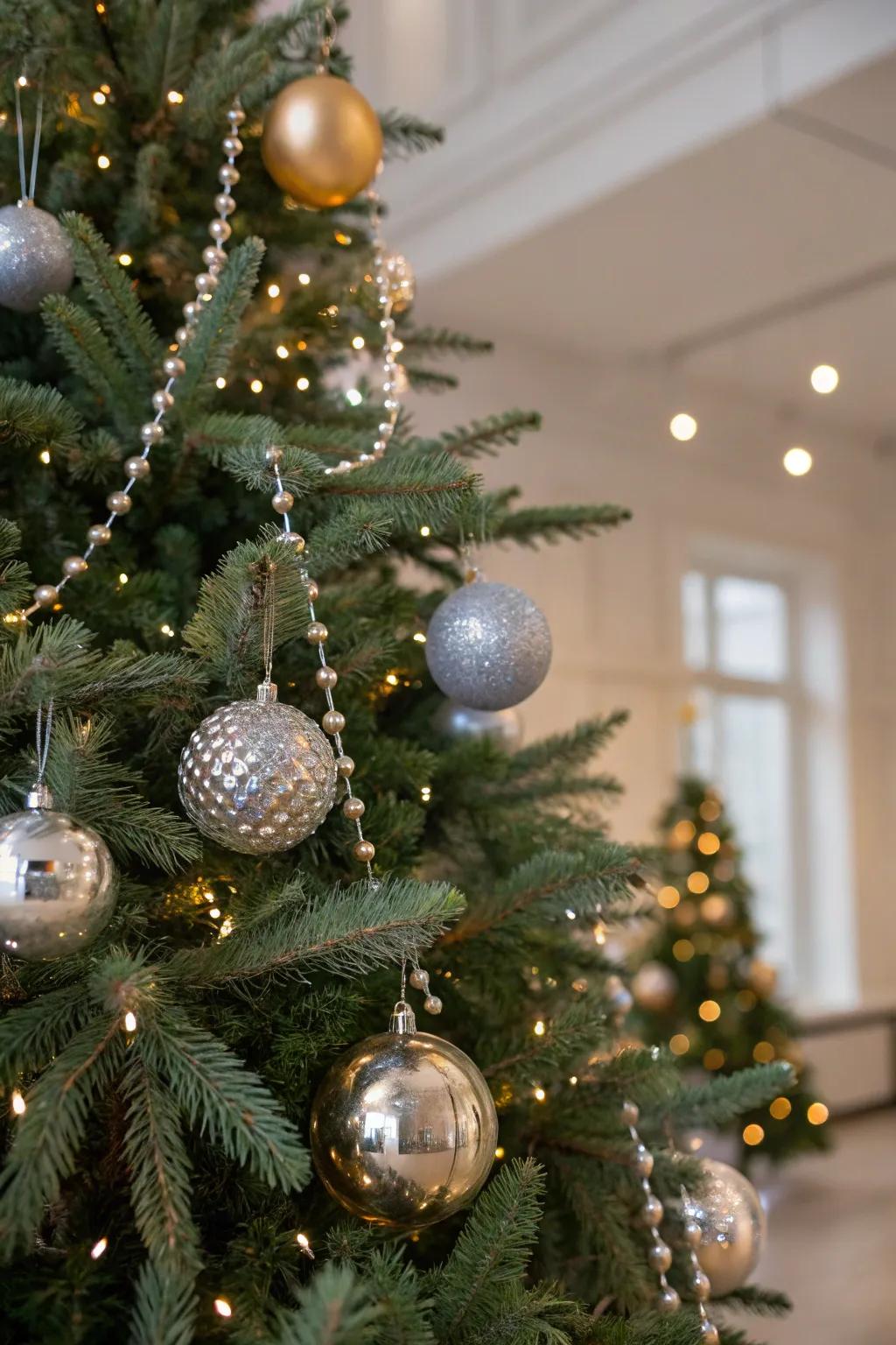 Metallic accents bring a touch of glamour to your Christmas tree.