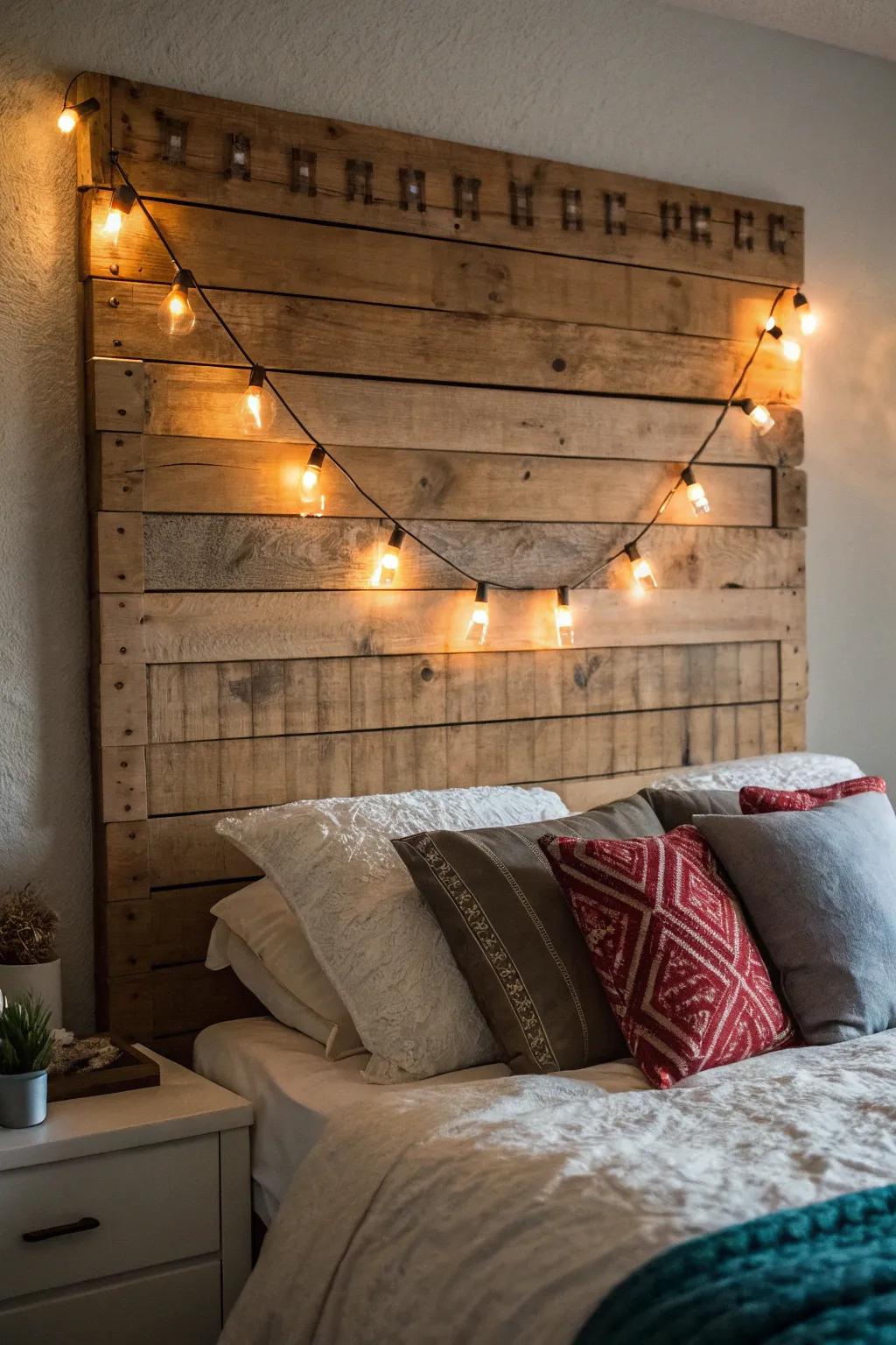 Transform your bedroom into a dreamy retreat with a reclaimed wood headboard and soft string lights.