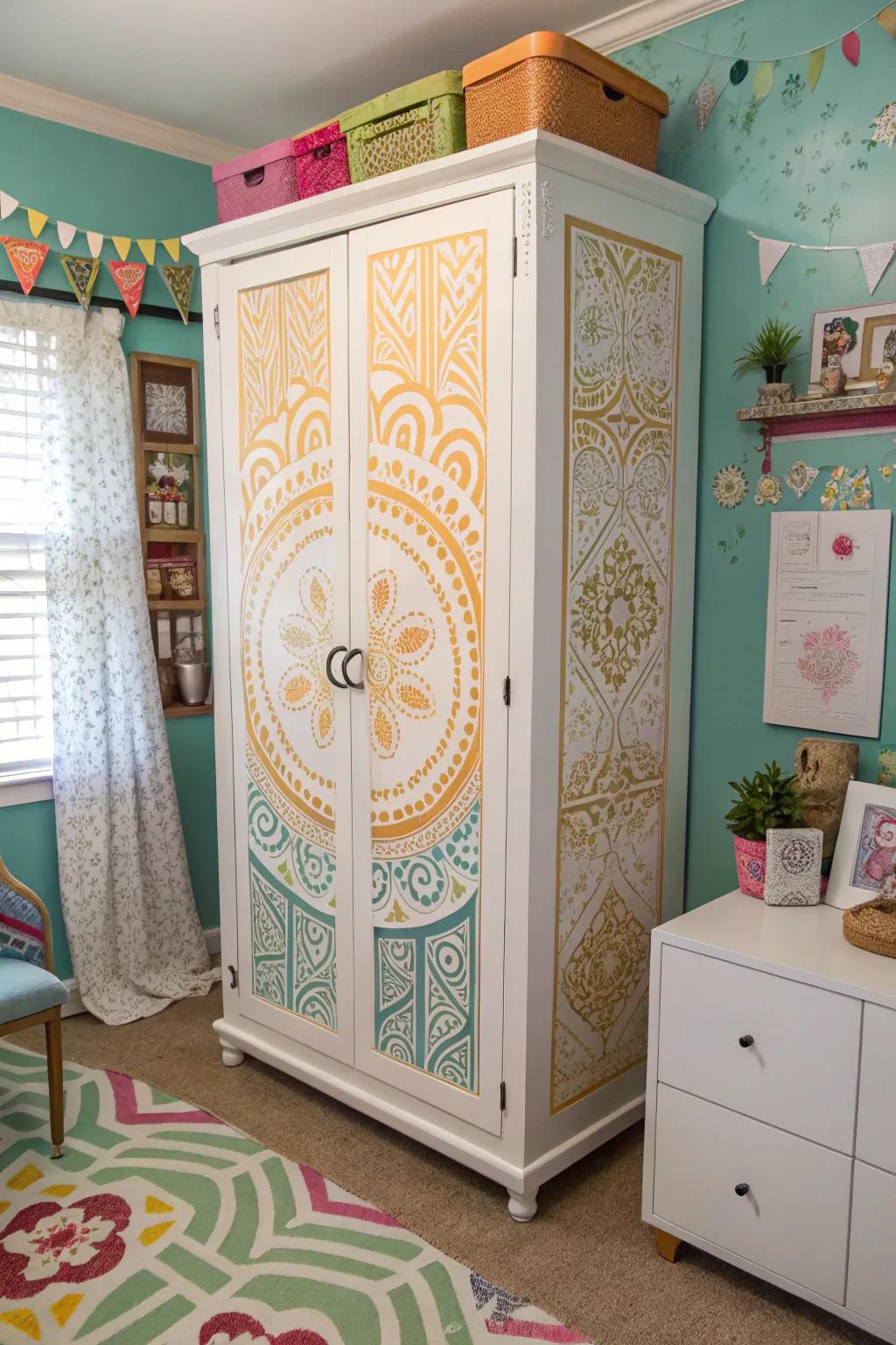 Stenciled doors turn an armoire into a personalized work of art.