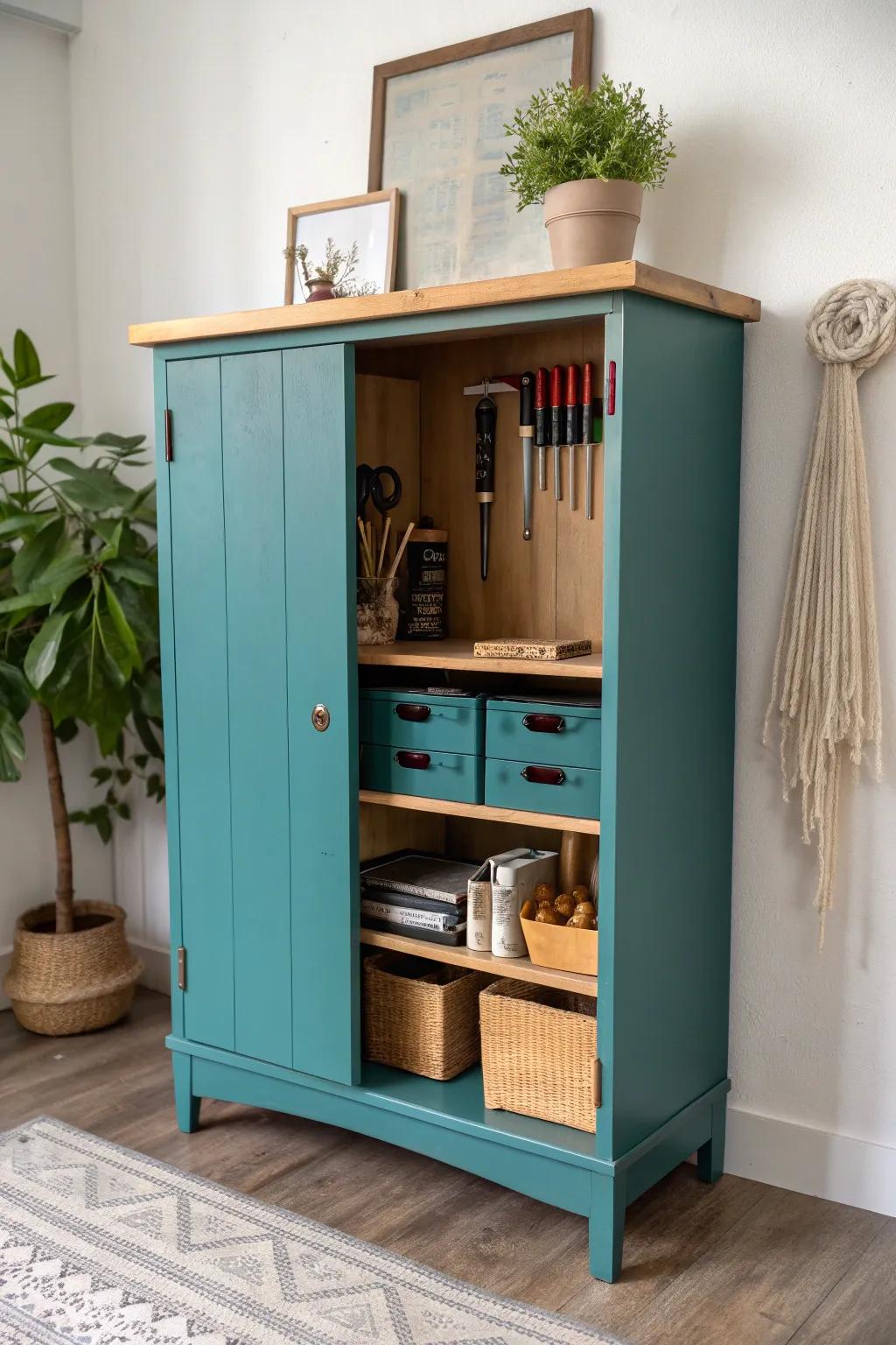 Transform your space with a touch of creativity: Repurposed kitchen cabinet becomes the perfect workshop organizer!
