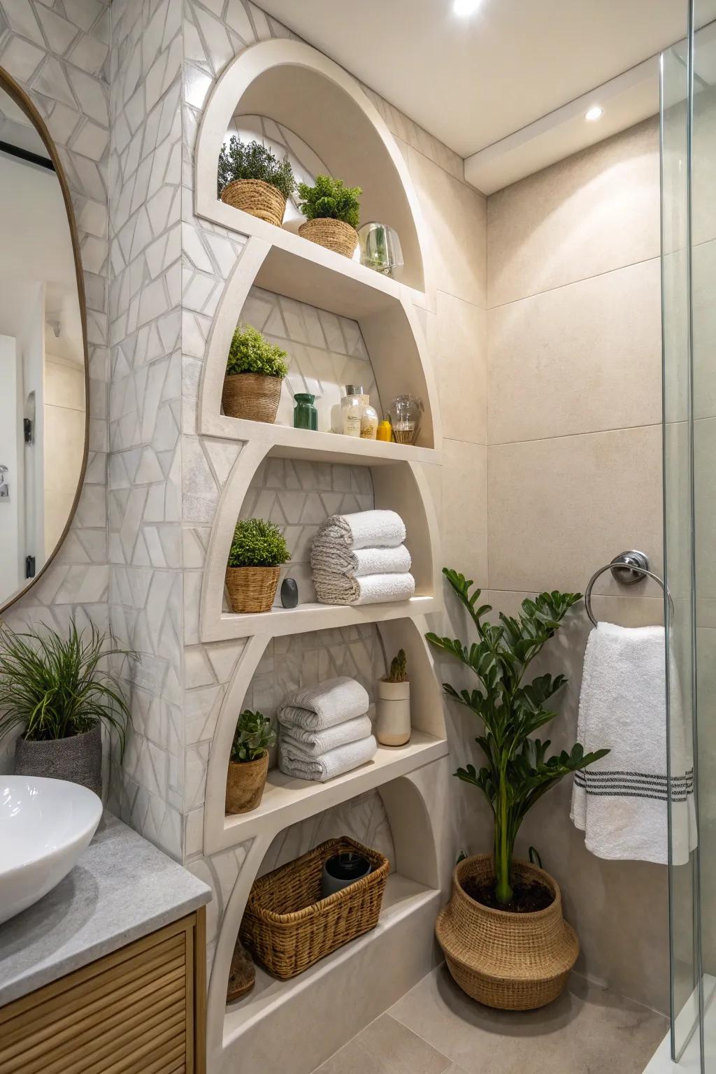 Unique shelf shapes add visual interest to any bathroom space.