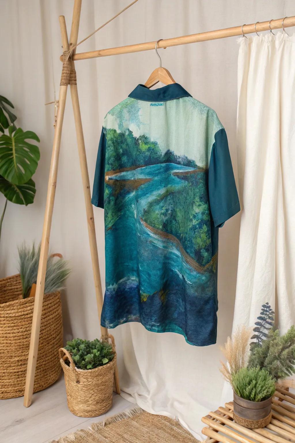 Wear the flow of nature with this abstract river art shirt, a perfect blend of modern art and minimalist design.