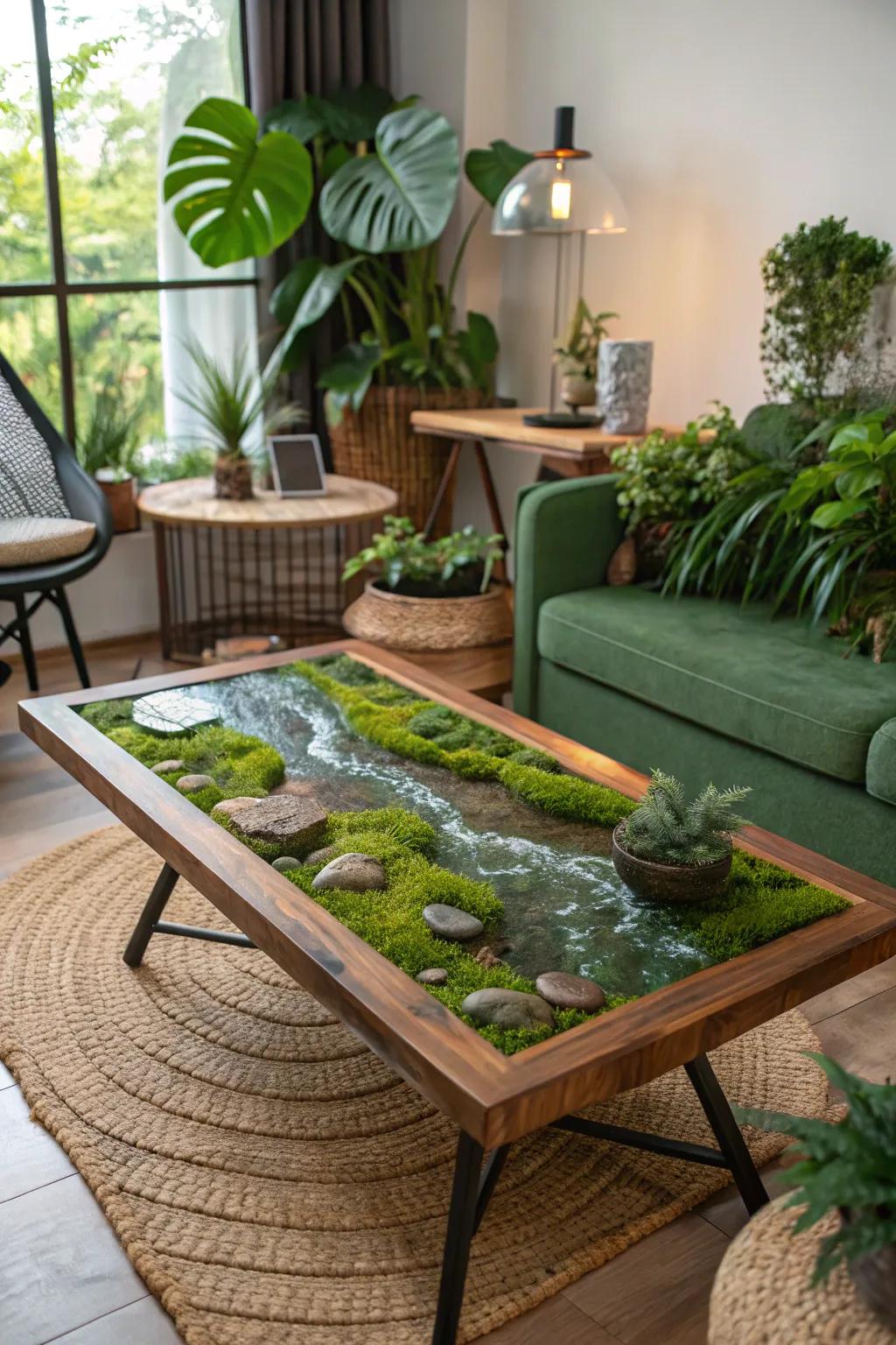 Bring a forest feel indoors with mossy river tables.