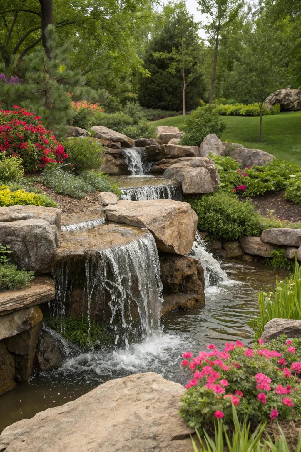 A waterfall adds a soothing element to a rock garden.