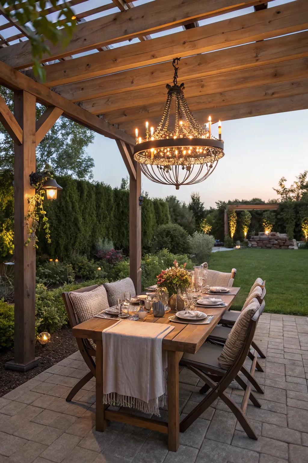 A rustic chandelier adds elegance and charm.