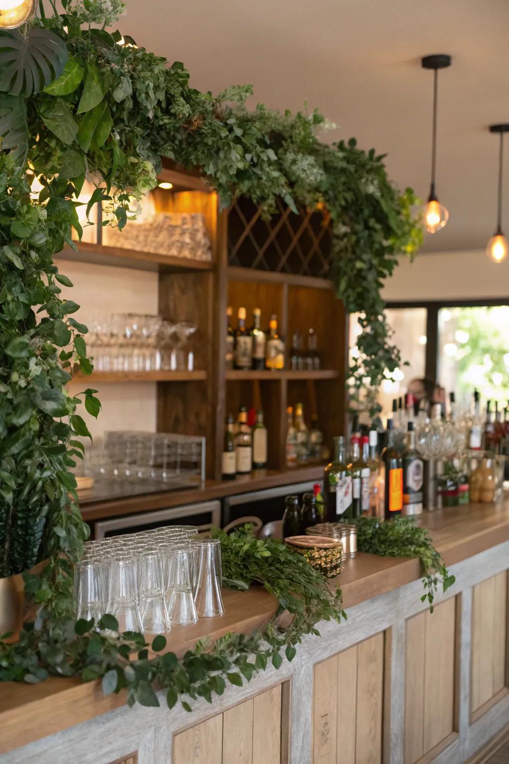 Home bar enhanced with playful faux foliage.