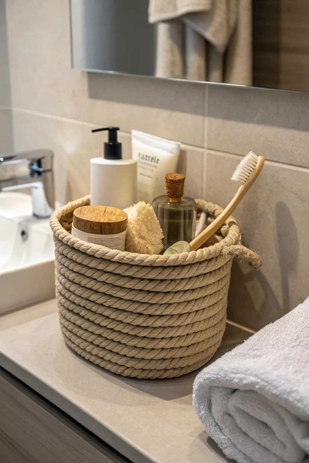 A rope basket keeps bathroom essentials organized and stylish.