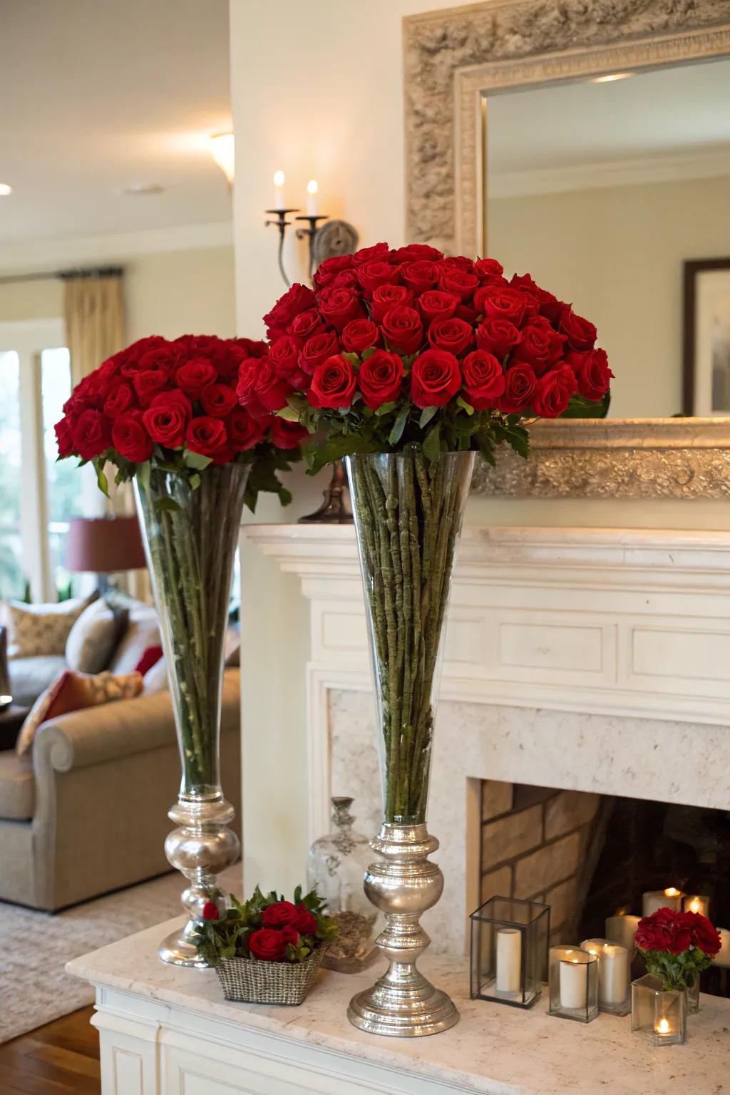 Symmetrical rose arrangements create a perfectly balanced aesthetic.