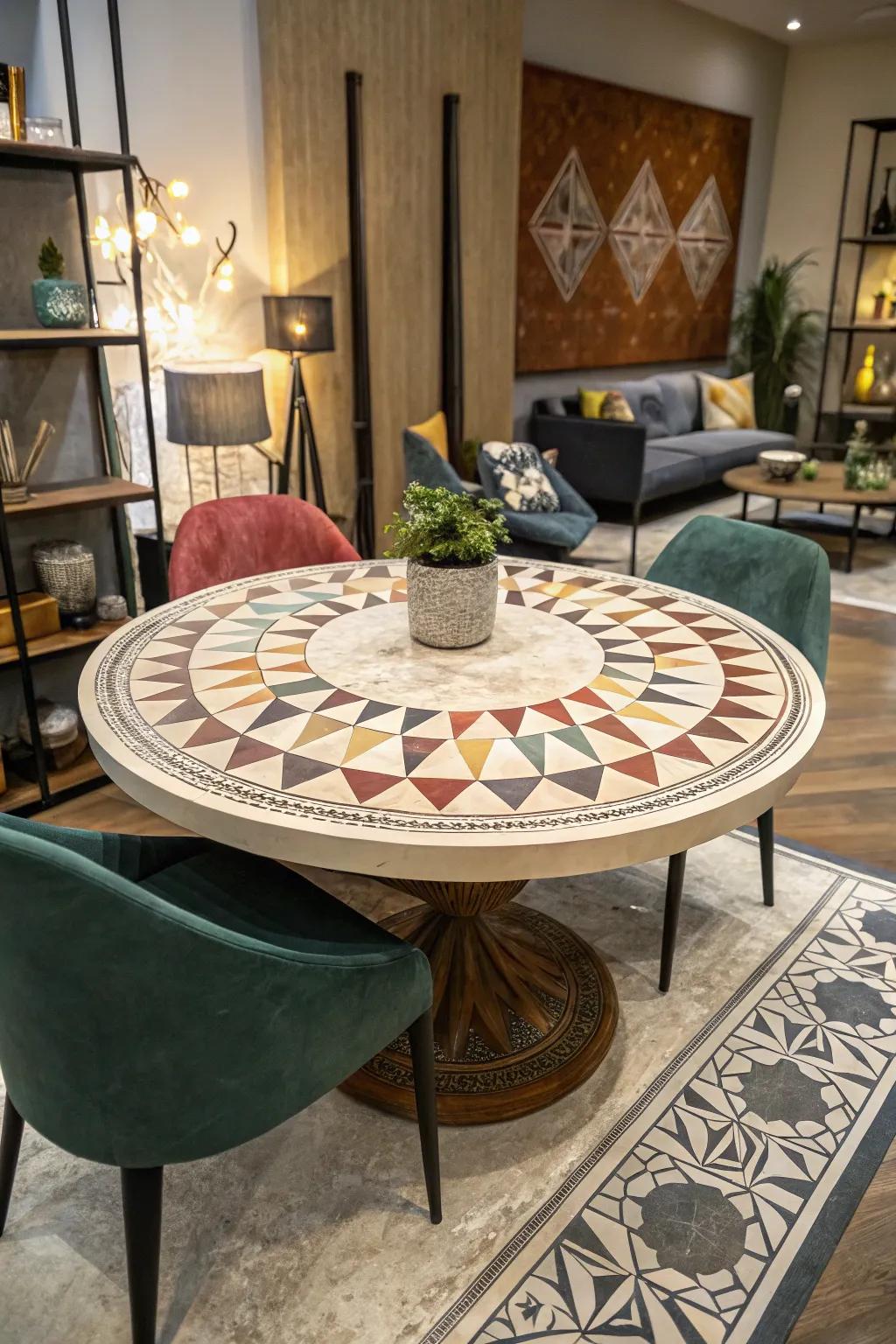 Geometric patterns on round tables add a modern twist and visual interest.