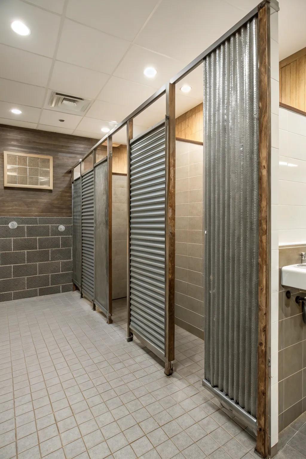 Corrugated metal privacy screens offer functional separation with rustic style.