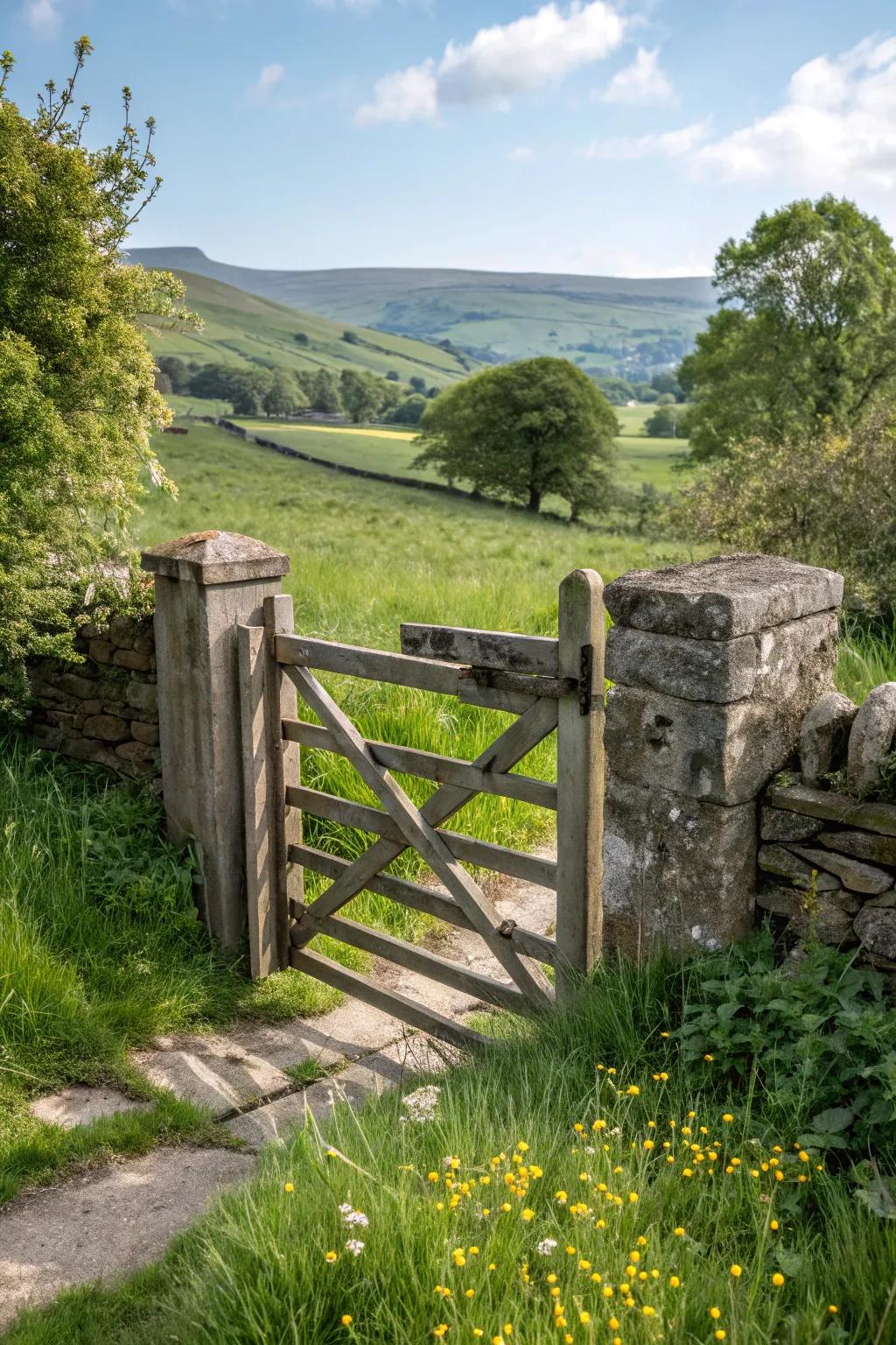 Stone bases provide stability and style to wooden gates.