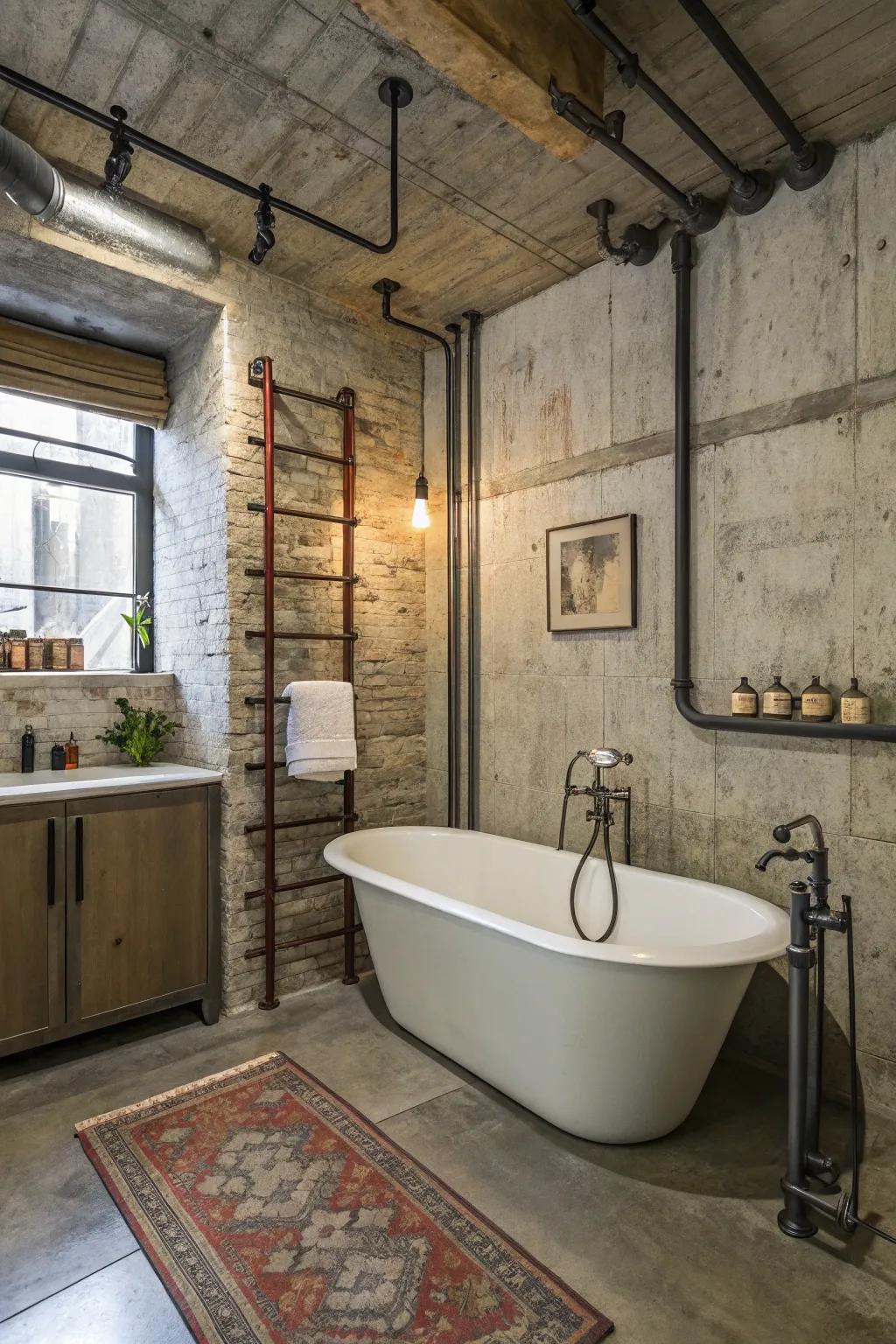 Freestanding tubs add a touch of luxury to industrial bathroom designs.