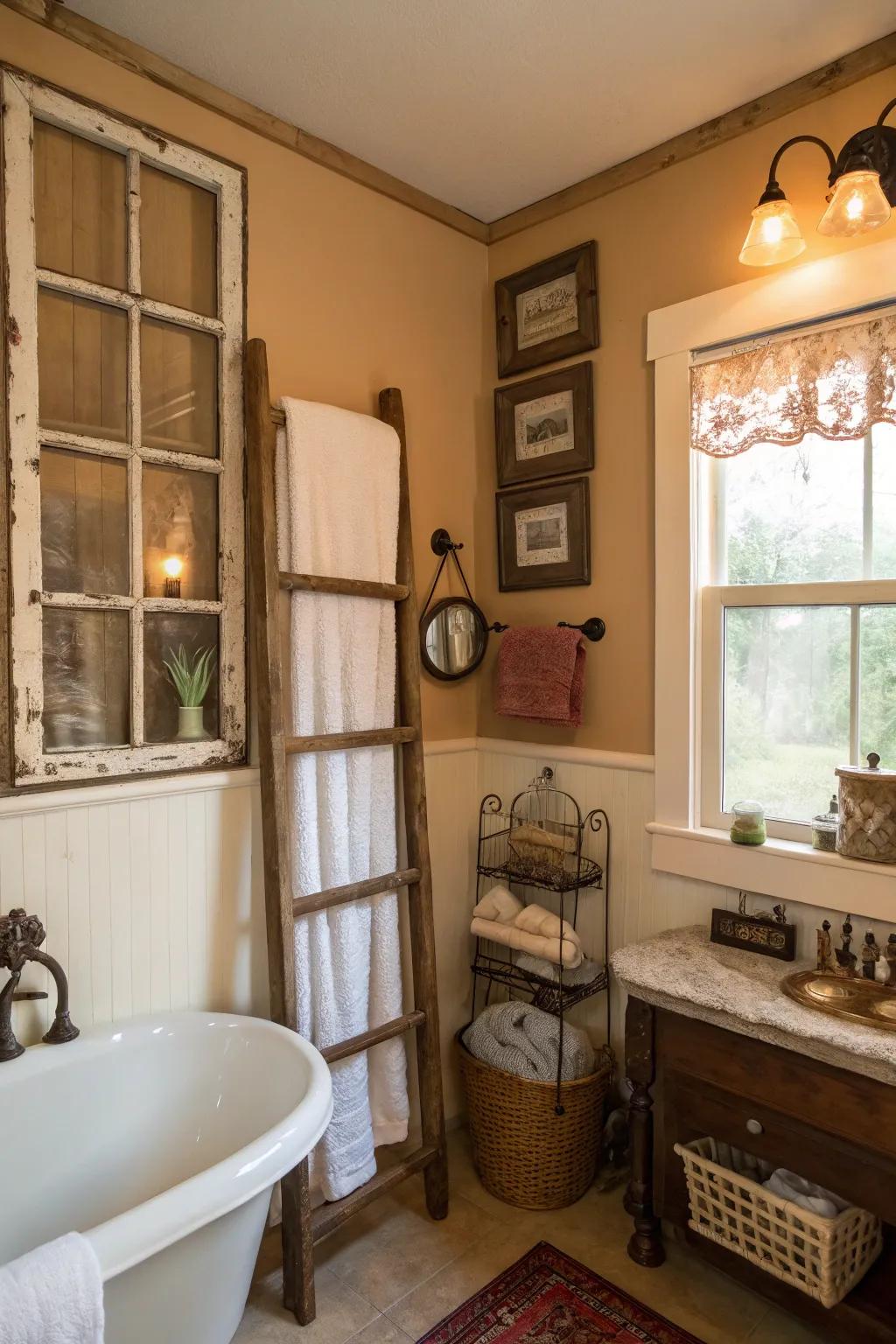 Vintage appeal: an old window frame towel rack.