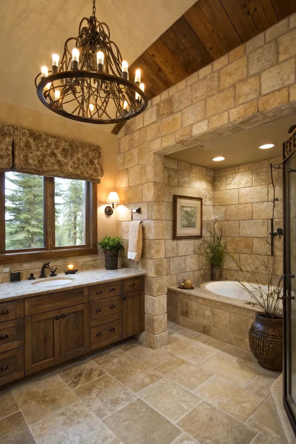 Statement lighting can transform a travertine bathroom into a dramatic space.