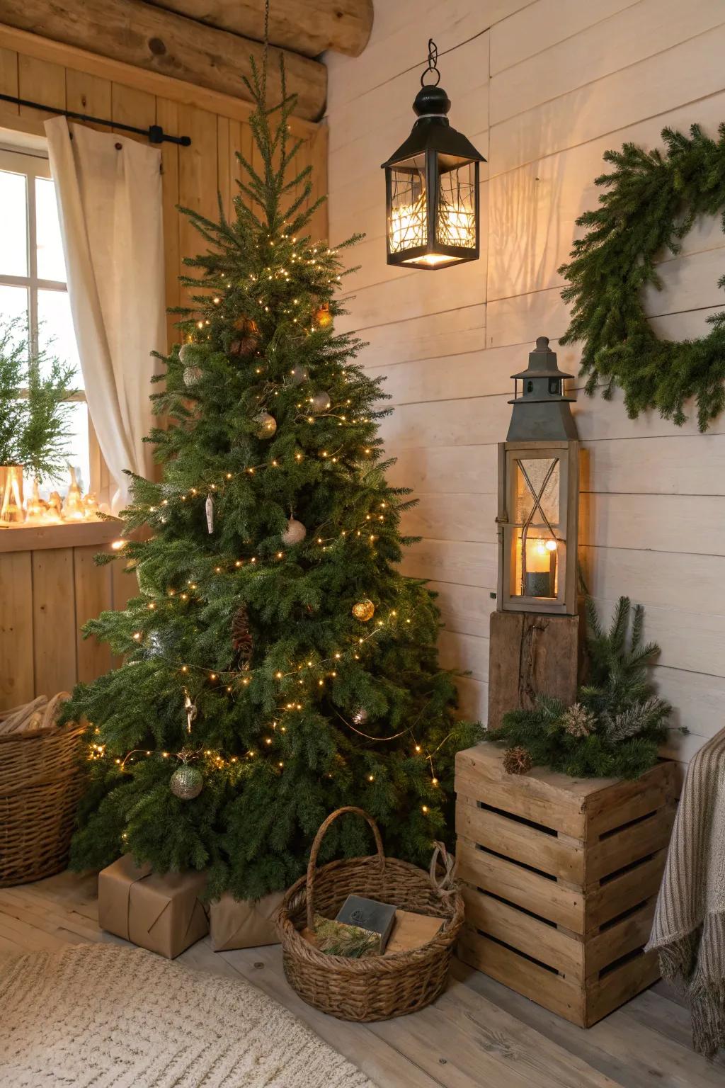 A rustic lantern adds warmth and glow to this woodland-themed Christmas tree.