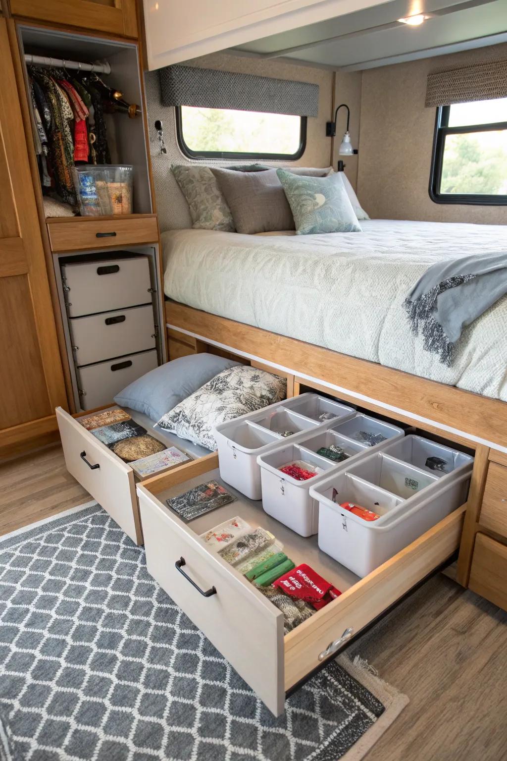 Under-bed storage helps you keep your RV organized and efficient.