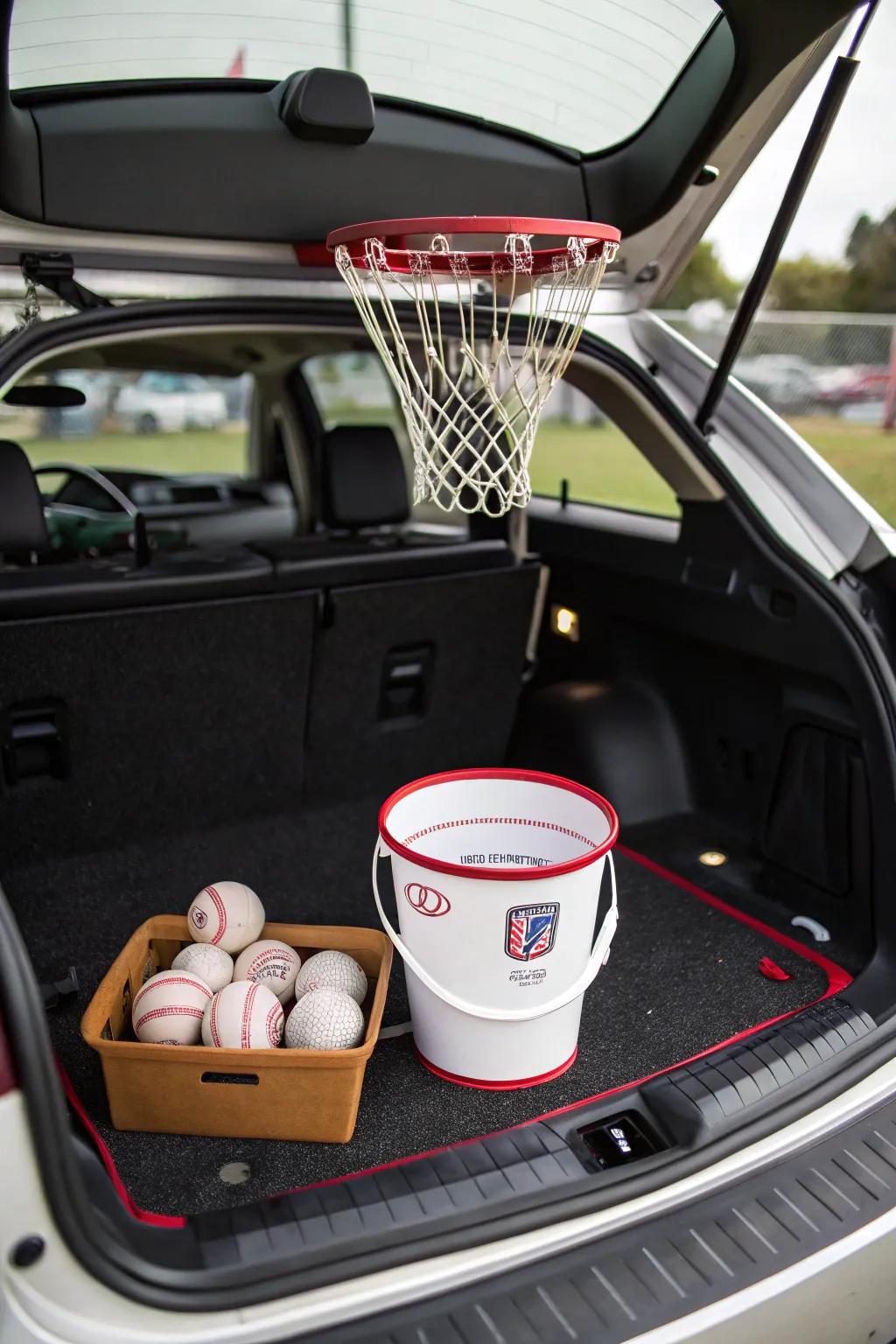 An interactive pitching game keeps kids entertained at trunk or treat.