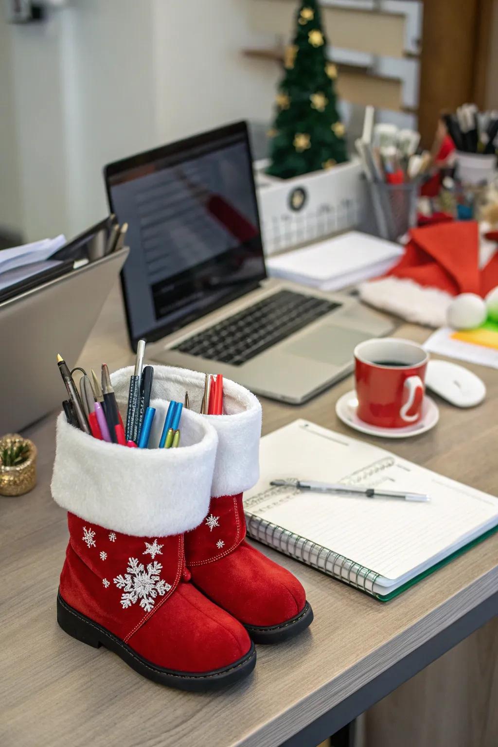 Keep the holiday spirit at work with Santa boots.