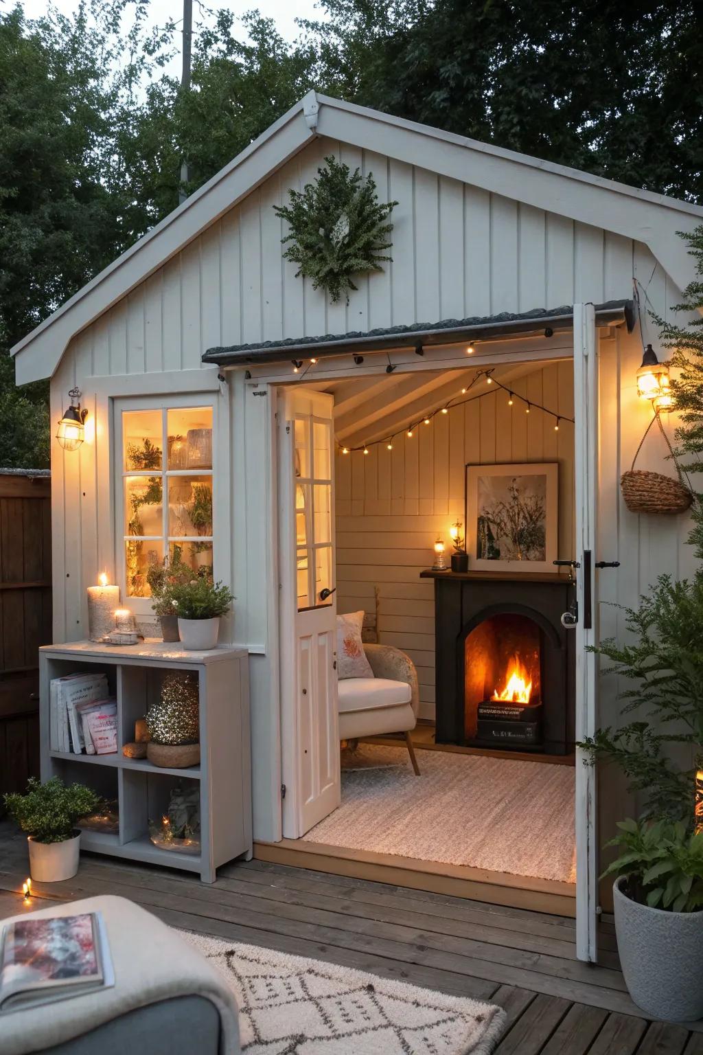 A small fireplace ensures a cozy atmosphere in a she shed craft room.