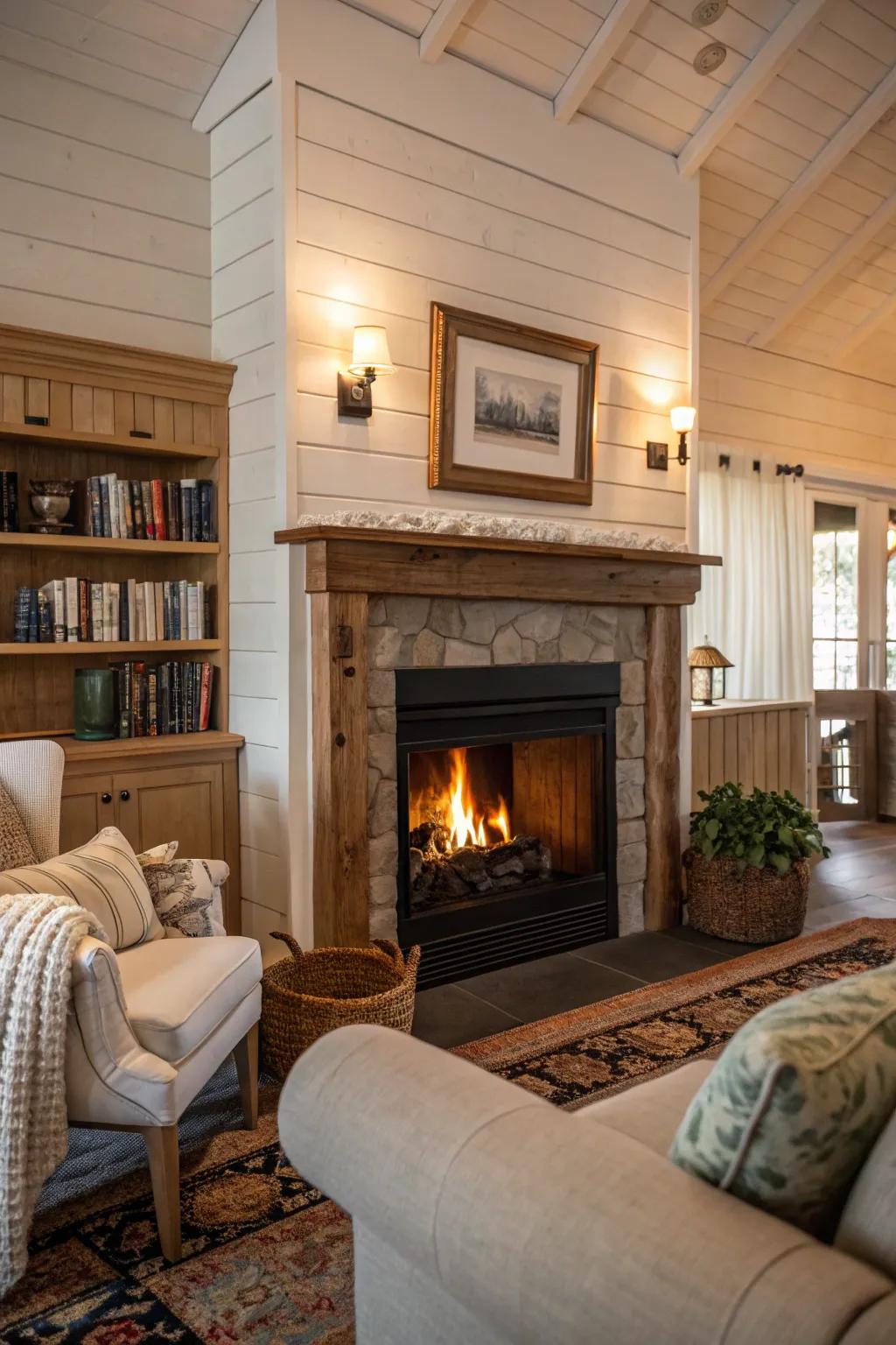 A cozy fireplace surround with inviting shiplap wainscoting.