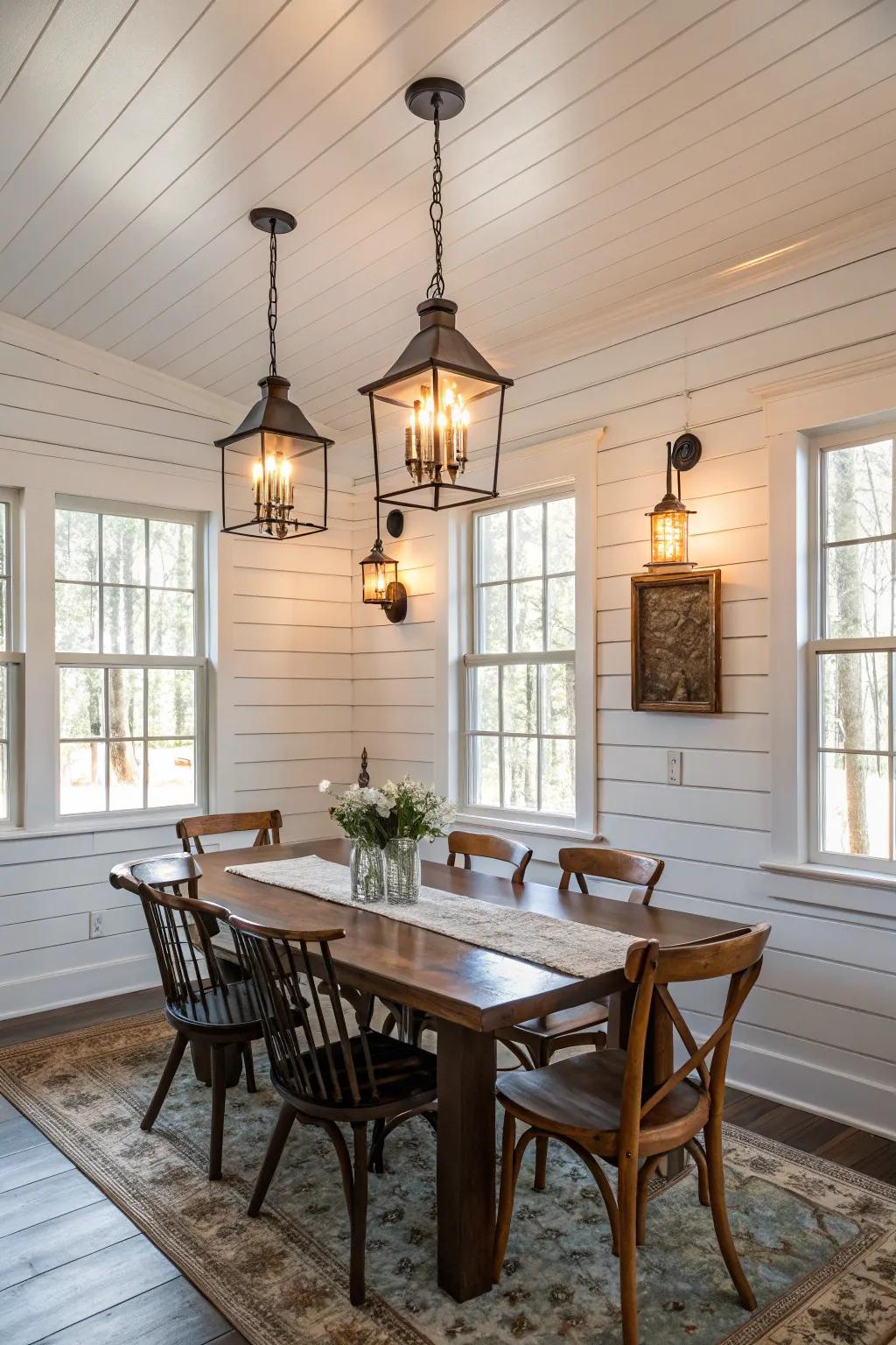 A dining room featuring a white shiplap wall.