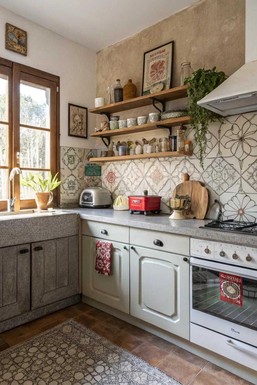 Cement tiles bring pattern and personality to this eclectic kitchen.