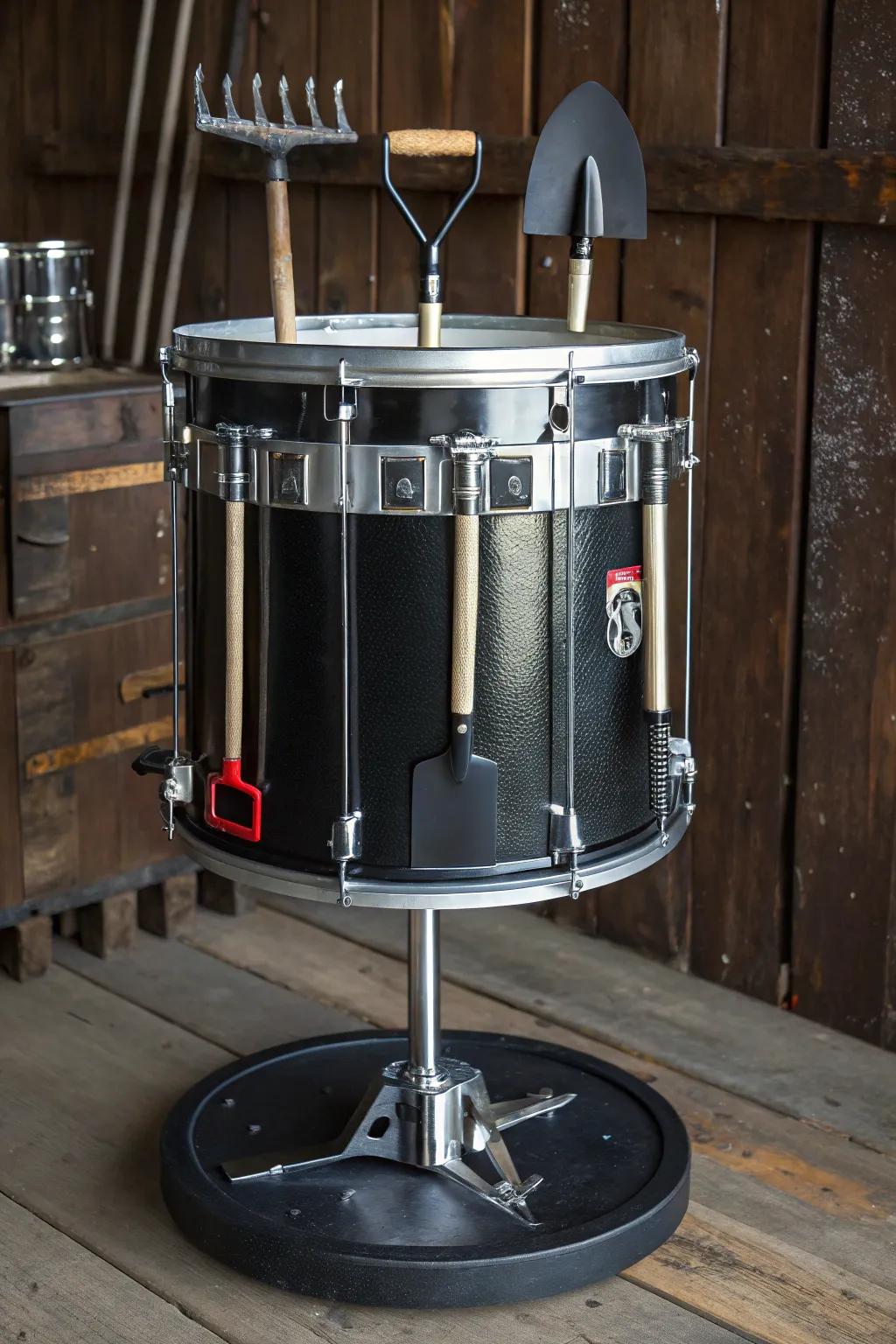 Elevate your tool storage game with this industrial-chic rotating tool holder crafted from an upcycled metal drum. Perfect for adding style and organization to your workspace.