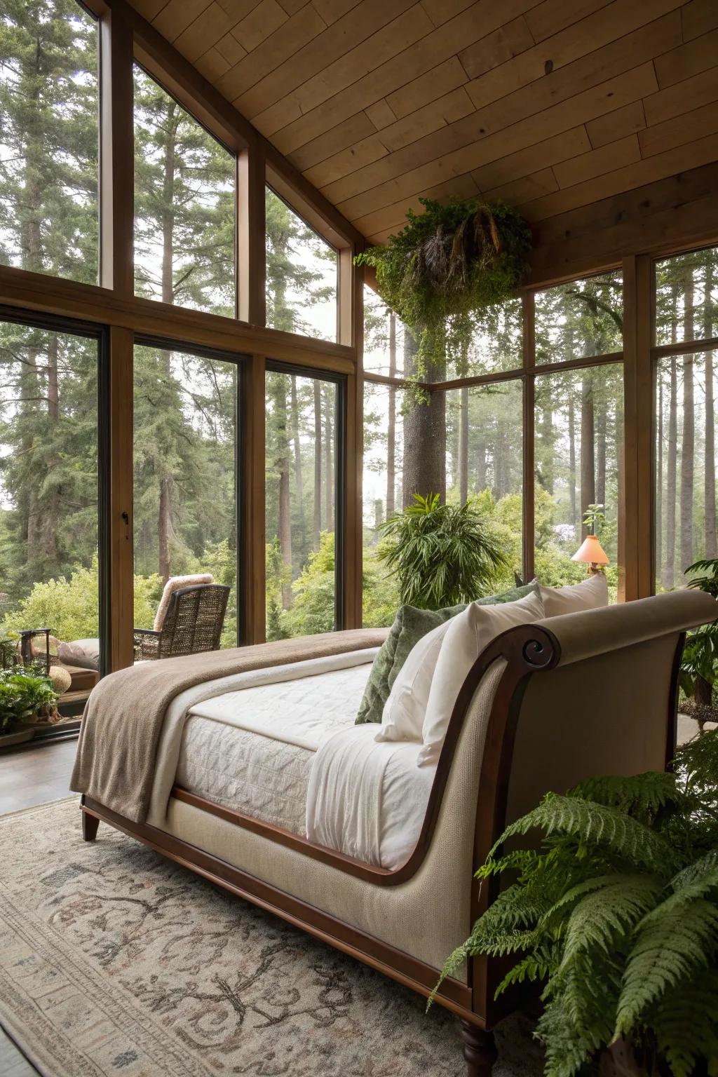 Greenery brings a refreshing and natural vibe to this sleigh bed.